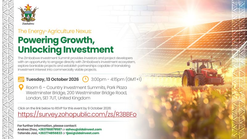 zidainvest's tweet photo. mbabwe is heading to #AFSIC2026!

📅 13–14 October | London
⚡🌱 Explore energy and agriculture opportunities at the Zimbabwe Investment Summit, facilitated by ZIDA and MCM Legal.

📍 Meet our delegation at Stand P5.

#InvestZimbabwe https://t.co/fV12LeBmv7