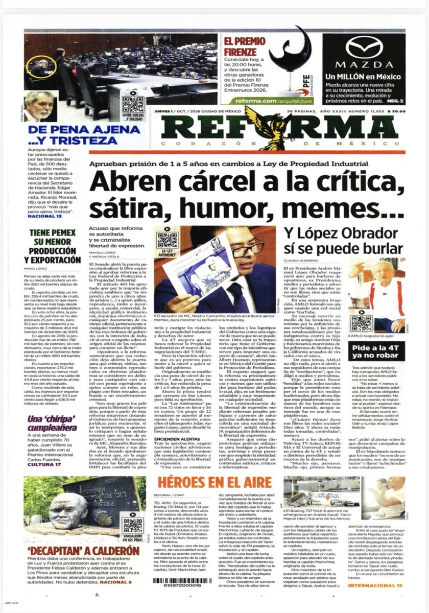periodistasoy's tweet photo. La 4T sigue empeñada en limitar la libertad de expresión: ahora pretende castigar con cárcel la sátira, el humor político y los memes. El senador @NestorCamarillo está en la imagen principal de Reforma por sus críticas a esta censura. https://t.co/OHYj0Lq4aZ