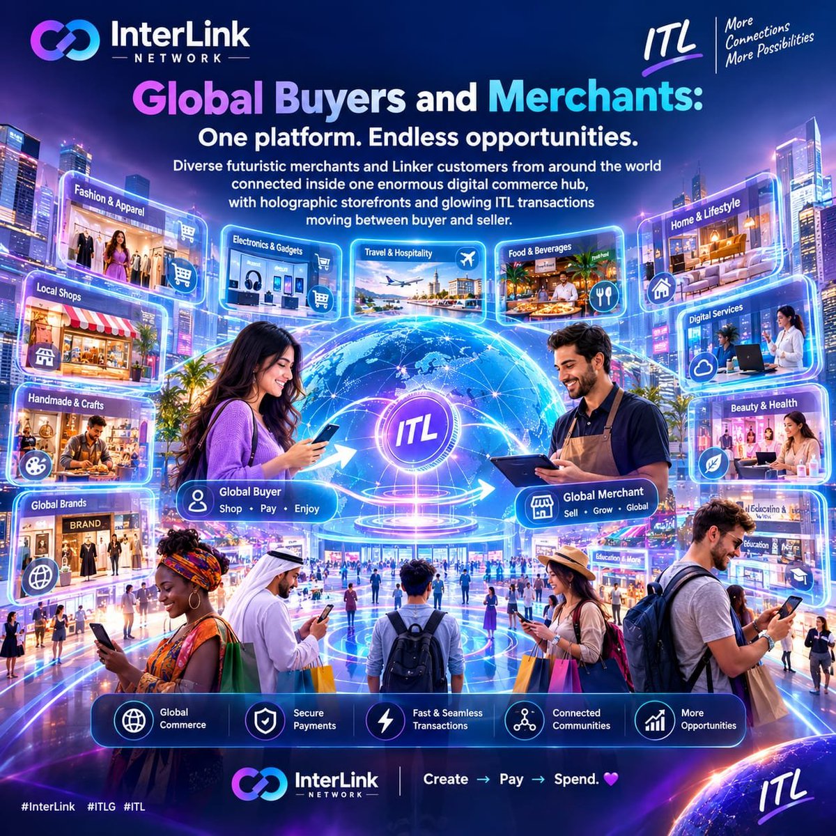 Umakaithi's tweet photo. 🤝 🥰Global Buyers and Merchants: Diverse futuristic merchants and Linker customers from around the world connected inside one enormous digital commerce hub, holographic storefronts surrounding them, glowing ITL transactions moving between buyer and seller❤️
#InterLink #ITLG #ITL https://t.co/xF69ddFjDN