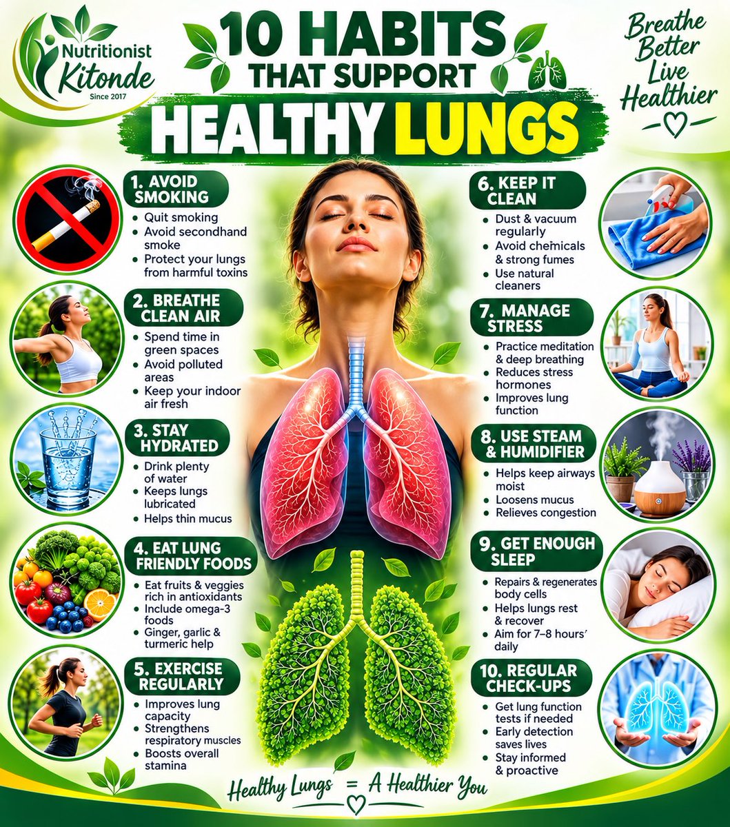 KitondeNutri's tweet photo. 🌿 BREATHE BETTER, LIVE HEALTHIER! 🫁💚

Your lungs work tirelessly every day. Protect them by avoiding smoking, staying active, drinking enough water, eating a balanced diet, keeping your environment clean, and getting enough sleep.

Healthy lungs begin with healthy habits! https://t.co/efJ9bcLOvO