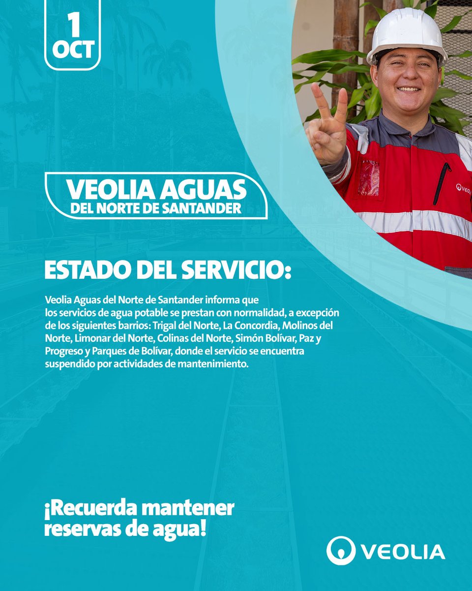 VeoliaAguasNS's tweet photo. #VeoliaAguasDelNorteDeSantander informa que los servicios de agua potable se prestan con normalidad, a excepción de los siguientes barrios: Trigal del Norte, La Concordia, Molinos del Norte, Limonar del Norte, Colinas del Norte, Simón Bolívar, Paz y Progreso y Parques de Bolívar, donde el servicio se encuentra suspendido por actividades de mantenimiento.