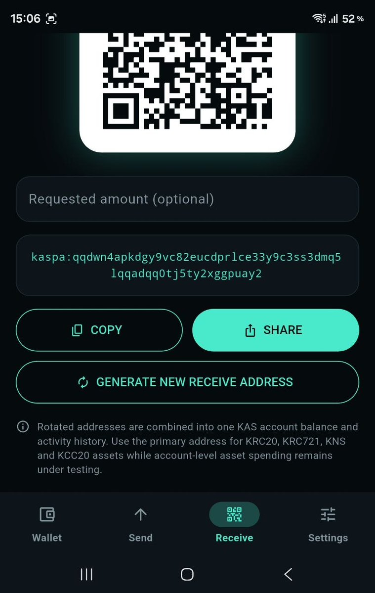 kaspirewallet's tweet photo. Kaspire Wallet just released a new wallet update with many changes. One thing the Kaspa community always asked for: rotating Kaspa receive adresses as Kaspium was the only wallet to support this feature. But not anymore. We added the same feature but also improved the flow.

🔧Rotating Kaspa receive addresses
- Generate fresh receive addresses from the active HD wallet.
- Combine the primary and rotated addresses into one KAS account balance.
- Merge KAS activity and spendable UTXOs across those receive addresses.
- Spend from multiple controlled receive addresses in one locally reviewed transaction.
- Keep KRC20, KRC721, KNS, KCC20 and other asset ownership bound to the address that actually holds each asset.
- Validate every derivation path and address against the encrypted active wallet before signing.
- Zeroize temporary HD signing material after derivation.
- Set names for each change wallet to keep track easier which receive wallet is being used for which.

What is also new?

🔧 Even better Argon2id encryption
Although Kaspire Wallet already had the highest encryption among all Kaspa wallets this has been advanced even further. v3 Argon2id with 64 MiB and 4 iterations are now the new standard for Kaspire. Previous encrypted backups can still be used.

🔧A new theme called Glacier
For everyone who said Kaspire themes are too dark we added Glacier, a bright theme with a subtle aurora background. Uses translucent frost-glass cards, crystal bevels and mint/lavender light veils.

🔧Improved UX
On some parts in the wallet, the UX has been polished further. On Android, Argon2id backups are now saved directly into the dedicated Downloads/Kaspire-Backup directory. Restore a backup during first-run onboarding as well as from Settings. Discover backup files through Android's document provider, allow explicit file selection or pasted backup JSON, and some other polishing.

Update your Android app to 0.11.46. The extension update for 0.5.5 will arrive within the next days in the Google Chrome Store.