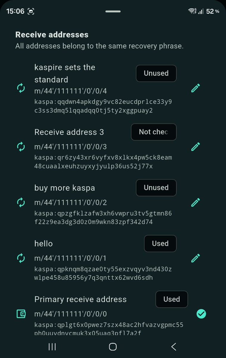 kaspirewallet's tweet photo. Kaspire Wallet just released a new wallet update with many changes. One thing the Kaspa community always asked for: rotating Kaspa receive adresses as Kaspium was the only wallet to support this feature. But not anymore. We added the same feature but also improved the flow.

🔧Rotating Kaspa receive addresses
- Generate fresh receive addresses from the active HD wallet.
- Combine the primary and rotated addresses into one KAS account balance.
- Merge KAS activity and spendable UTXOs across those receive addresses.
- Spend from multiple controlled receive addresses in one locally reviewed transaction.
- Keep KRC20, KRC721, KNS, KCC20 and other asset ownership bound to the address that actually holds each asset.
- Validate every derivation path and address against the encrypted active wallet before signing.
- Zeroize temporary HD signing material after derivation.
- Set names for each change wallet to keep track easier which receive wallet is being used for which.

What is also new?

🔧 Even better Argon2id encryption
Although Kaspire Wallet already had the highest encryption among all Kaspa wallets this has been advanced even further. v3 Argon2id with 64 MiB and 4 iterations are now the new standard for Kaspire. Previous encrypted backups can still be used.

🔧A new theme called Glacier
For everyone who said Kaspire themes are too dark we added Glacier, a bright theme with a subtle aurora background. Uses translucent frost-glass cards, crystal bevels and mint/lavender light veils.

🔧Improved UX
On some parts in the wallet, the UX has been polished further. On Android, Argon2id backups are now saved directly into the dedicated Downloads/Kaspire-Backup directory. Restore a backup during first-run onboarding as well as from Settings. Discover backup files through Android's document provider, allow explicit file selection or pasted backup JSON, and some other polishing.

Update your Android app to 0.11.46. The extension update for 0.5.5 will arrive within the next days in the Google Chrome Store.