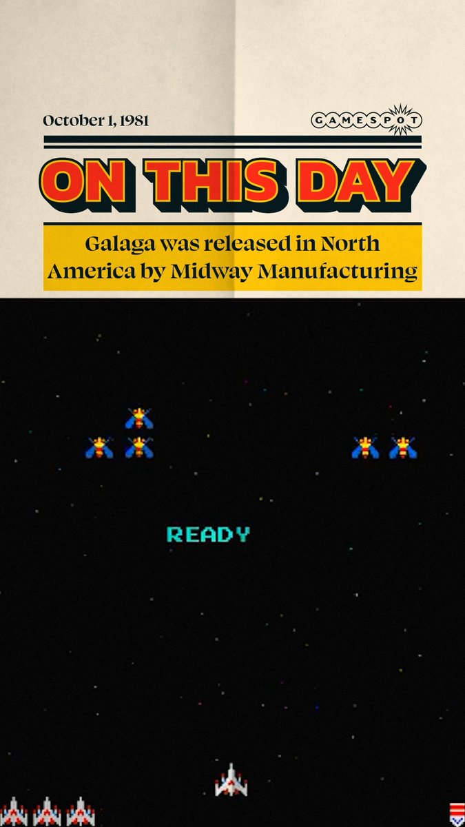A vintage newspaper-style post commemorating October 1, 1981, when Galaga was released in North America by Midway Manufacturing, featuring a screenshot of the classic shoot 'em up game with enemy aliens, a player spaceship, and the "READY" prompt against a starry backdrop.