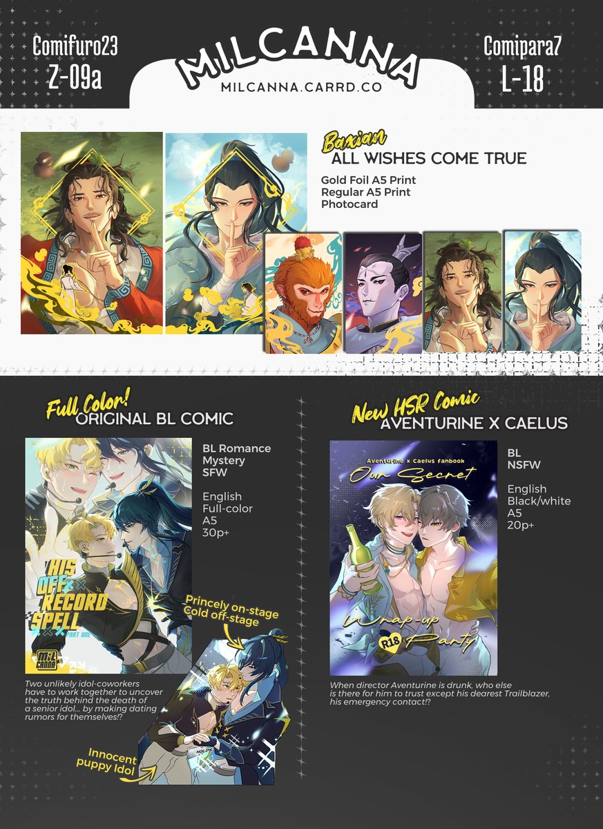 milcanna's tweet photo. [💘+🔁] 
CF23 / Comipara7 P0 &amp; Giveaway! 

📍OTS pickup, WW ship! 
 💖Original BL, Baxian / All Wishes Come True, Arknights: Endfield, Honkai Star Rail, Fate Strange Fake  

🔗 &amp; GA info below!
#comifuro23catalogue #cf23catalogue #comipara7 https://t.co/QqcMyC6t1M