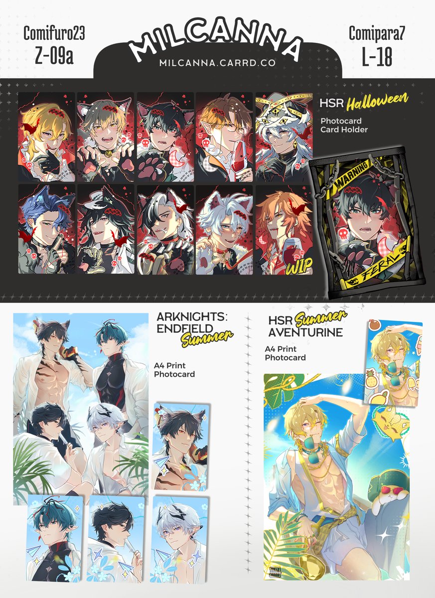 milcanna's tweet photo. [💘+🔁] 
CF23 / Comipara7 P0 &amp; Giveaway! 

📍OTS pickup, WW ship! 
 💖Original BL, Baxian / All Wishes Come True, Arknights: Endfield, Honkai Star Rail, Fate Strange Fake  

🔗 &amp; GA info below!
#comifuro23catalogue #cf23catalogue #comipara7 https://t.co/QqcMyC6t1M
