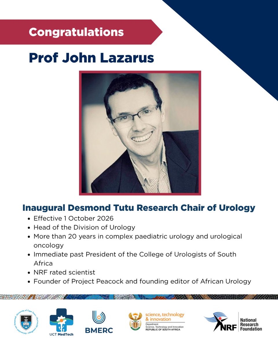 UCTMedTech's tweet photo. 𝐁𝐢𝐠 𝐧𝐞𝐰𝐬 𝐟𝐨𝐫 𝐁𝐌𝐄𝐑𝐂/𝐔𝐂𝐓 𝐌𝐞𝐝𝐓𝐞𝐜𝐡 𝐜𝐨𝐥𝐥𝐚𝐛𝐨𝐫𝐚𝐭𝐨𝐫𝐬: 𝐚𝐧 𝐢𝐧𝐚𝐮𝐠𝐮𝐫𝐚𝐥 𝐂𝐡𝐚𝐢𝐫 𝐚𝐧𝐝 𝐚 𝐧𝐞𝐰 𝐟𝐮𝐥𝐥 𝐏𝐫𝐨𝐟𝐞𝐬𝐬𝐨𝐫

Professor John Lazarus is the inaugural Desmond Tutu Research Chair of Urology, supported by the Desmond and Leah Tutu Foundation. Professor Gladness Nethathe has attained the rank of full Professor.

Both share in the supervision of our students. Professor Lazarus co supervised Phelisa Ntayiya and Liam McEvoy. Professor Nethathe co supervises Sarah Rusch.

Congratulations from BMERC/UCT MedTech on these richly deserved appointments.

#UCTMedTech #BMERC #Urology #AnaesthesiaAndPerioperativeMedicine #BiomedicalEngineering #UCT #Congratulations

@SudeshSivarasu
@UCT_news
@NRF_News
@UCTHealthSci
@dstigovza