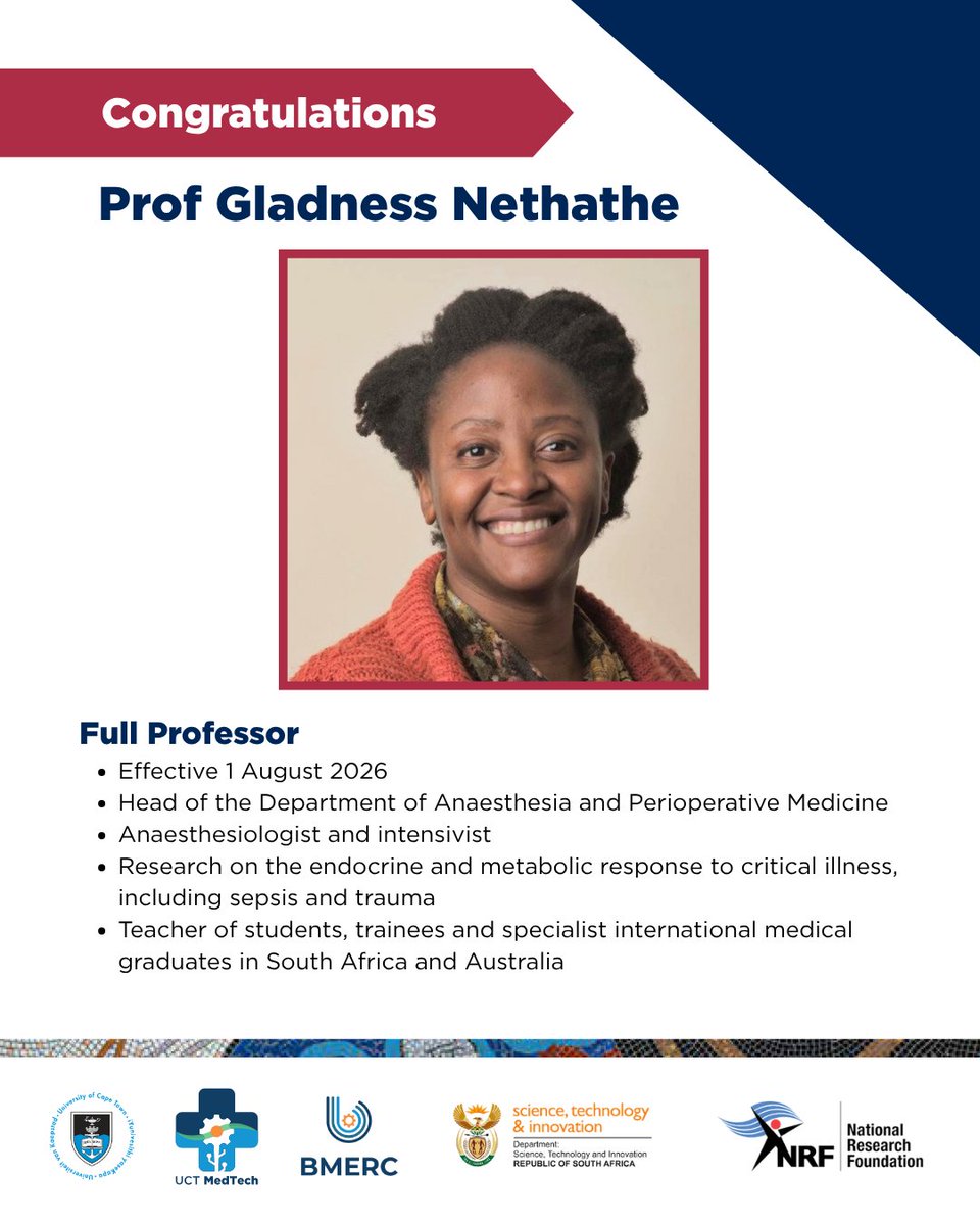 UCTMedTech's tweet photo. 𝐁𝐢𝐠 𝐧𝐞𝐰𝐬 𝐟𝐨𝐫 𝐁𝐌𝐄𝐑𝐂/𝐔𝐂𝐓 𝐌𝐞𝐝𝐓𝐞𝐜𝐡 𝐜𝐨𝐥𝐥𝐚𝐛𝐨𝐫𝐚𝐭𝐨𝐫𝐬: 𝐚𝐧 𝐢𝐧𝐚𝐮𝐠𝐮𝐫𝐚𝐥 𝐂𝐡𝐚𝐢𝐫 𝐚𝐧𝐝 𝐚 𝐧𝐞𝐰 𝐟𝐮𝐥𝐥 𝐏𝐫𝐨𝐟𝐞𝐬𝐬𝐨𝐫

Professor John Lazarus is the inaugural Desmond Tutu Research Chair of Urology, supported by the Desmond and Leah Tutu Foundation. Professor Gladness Nethathe has attained the rank of full Professor.

Both share in the supervision of our students. Professor Lazarus co supervised Phelisa Ntayiya and Liam McEvoy. Professor Nethathe co supervises Sarah Rusch.

Congratulations from BMERC/UCT MedTech on these richly deserved appointments.

#UCTMedTech #BMERC #Urology #AnaesthesiaAndPerioperativeMedicine #BiomedicalEngineering #UCT #Congratulations

@SudeshSivarasu
@UCT_news
@NRF_News
@UCTHealthSci
@dstigovza