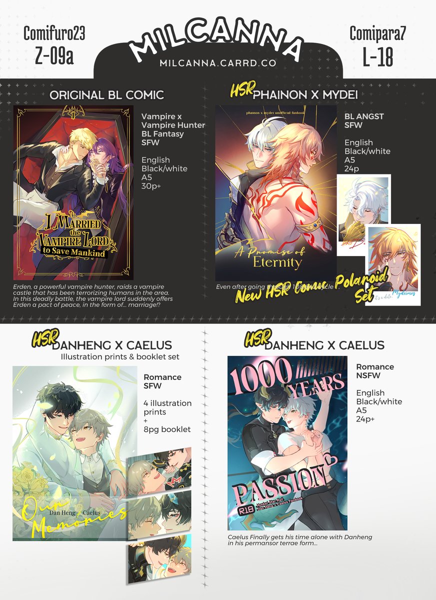 milcanna's tweet photo. [💘+🔁] 
CF23 / Comipara7 P0 &amp; Giveaway! 

📍OTS pickup, WW ship! 
 💖Original BL, Baxian / All Wishes Come True, Arknights: Endfield, Honkai Star Rail, Fate Strange Fake  

🔗 &amp; GA info below!
#comifuro23catalogue #cf23catalogue #comipara7 https://t.co/QqcMyC6t1M