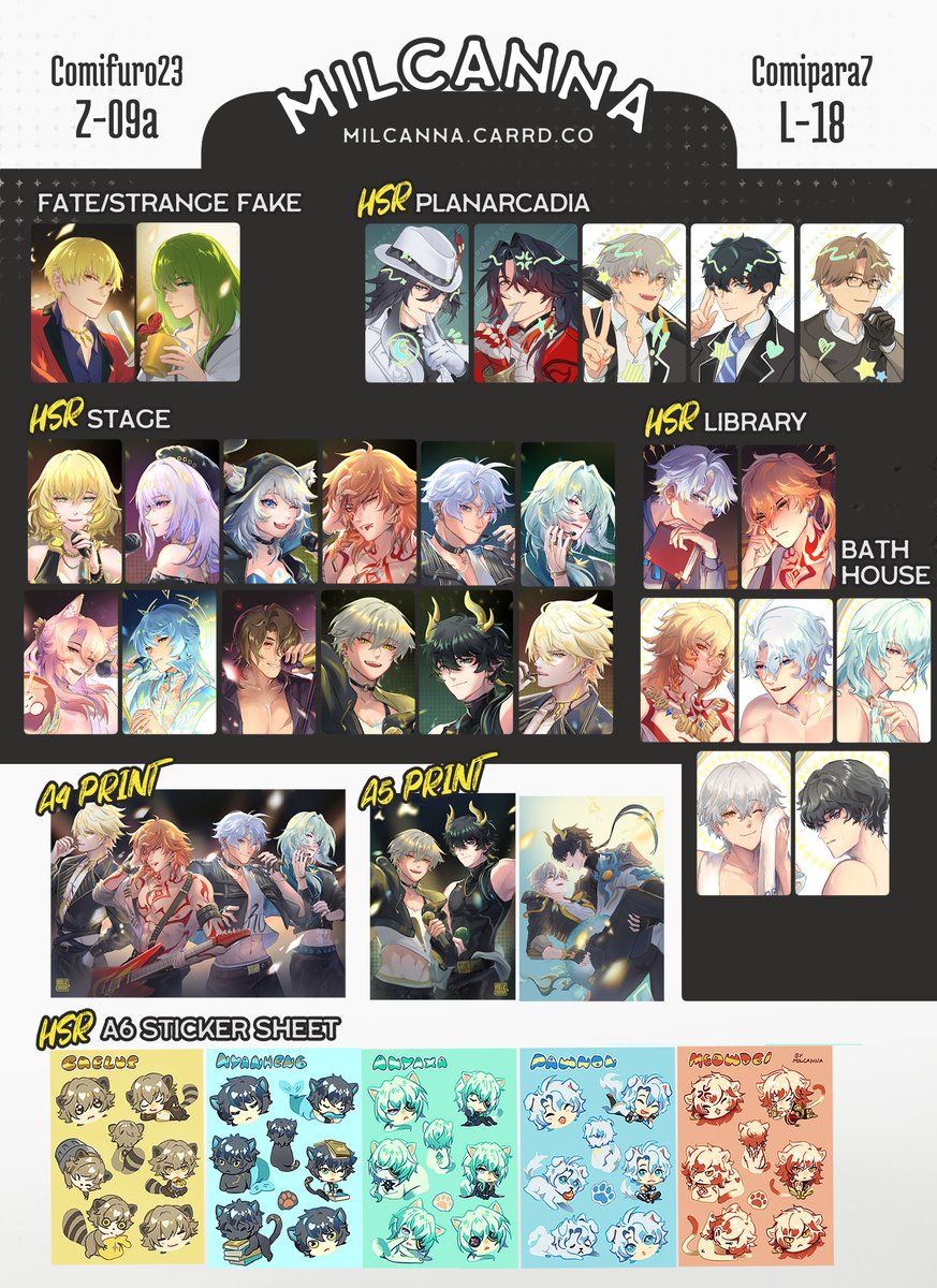 milcanna's tweet photo. [💘+🔁] 
CF23 / Comipara7 P0 &amp; Giveaway! 

📍OTS pickup, WW ship! 
 💖Original BL, Baxian / All Wishes Come True, Arknights: Endfield, Honkai Star Rail, Fate Strange Fake  

🔗 &amp; GA info below!
#comifuro23catalogue #cf23catalogue #comipara7 https://t.co/QqcMyC6t1M