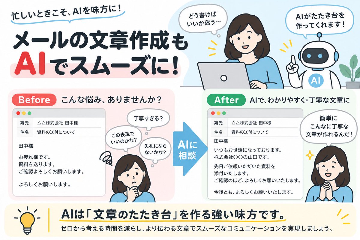 Process_lab01's tweet photo. メールの文章、毎回ゼロから考えていませんか？

AIに「取引先向けに丁寧な文章にして」と伝えるだけでも、文章作成の負担を減らせます。

AIに丸投げするのではなく、下書き→AIで整える→人が確認。

忙しいときこそ、AIを仕事の味方に。

#AI活用 #生成AI #業務効率化 #DX https://t.co/3bWJDg0Wu1