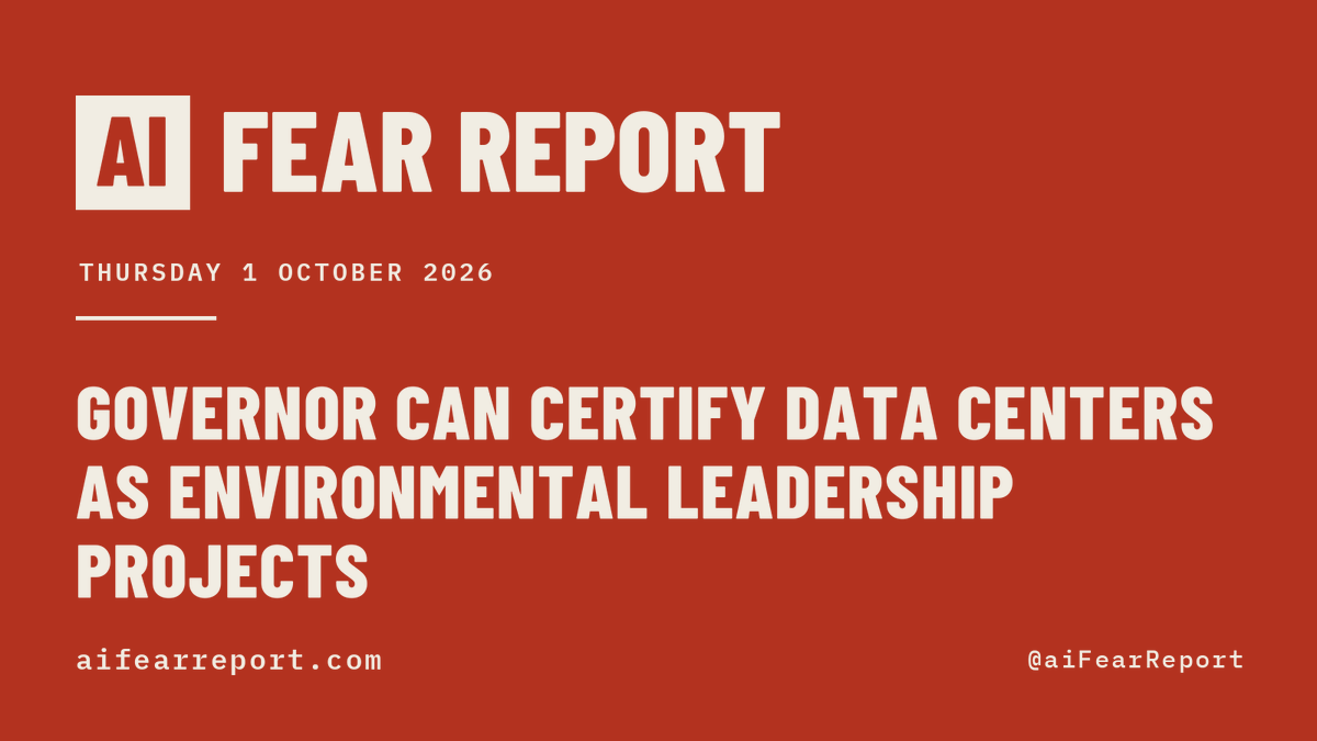 aiFearReport's tweet photo. Here is how your fear of AI is being used to centralize power today.

California gives the Governor the power to certify data center projects as environmental leadership development projects under CEQA. Passed.

121 measures in 33 jurisdictions would pause data centers, or add conditions on building and running them.

197 measures in 43 jurisdictions cite the fear that anyone can now fake anyone.

2,227 measures tracked. 752 carry a control, and they would hand new power to 102 offices.