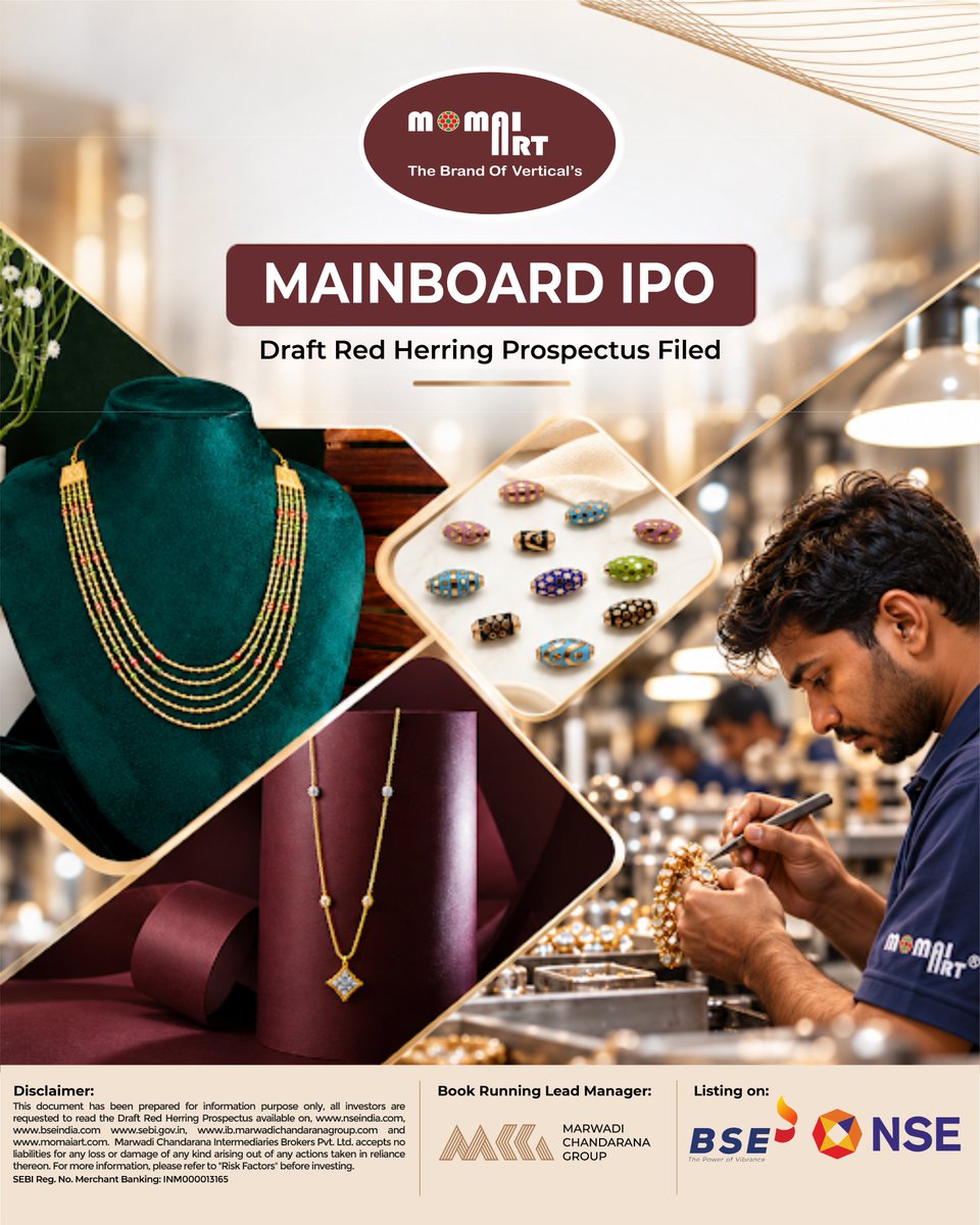 MCG_India's tweet photo. We are pleased to announce the filing of the Draft Red Herring Prospectus (DRHP) for Momai Art Limited, a Mumbai-based gold jewellery manufacturer engaged in the production of lightweight daily-wear and contemporary jewellery.

The Company manufactures a diverse range of jewellery products, including Dokiya chains, bracelets, rings, earrings, pendants and necklace sets, with a focus on lower-weight designs suited for regular wear and gifting.

With specialised capabilities in Meenakari artwork and precision CNC processing, Momai Art Limited manufactures intricately detailed jewellery on small gold components, including components weighing as low as approximately 0.020 mg per piece. The Company has developed a portfolio of 14,000+ designs across lightweight, daily-wear and contemporary jewellery, including 1,800+ specialised Meenakari/Enamel Jewellery designs.

As the Book Running Lead Manager (BRLM) for this Issue, we are proud to support Momai Art Limited in its growth journey and wish the Company continued success in the capital markets.

@amishchandarana @khetan_mayur
@Bhanushalibipi1 @ijigardesai @NSEIndia @BSEIndia 

#MarwadiChandaranaGroup #MomaiArtLimited #IPO #NSE #BSE #SEBI