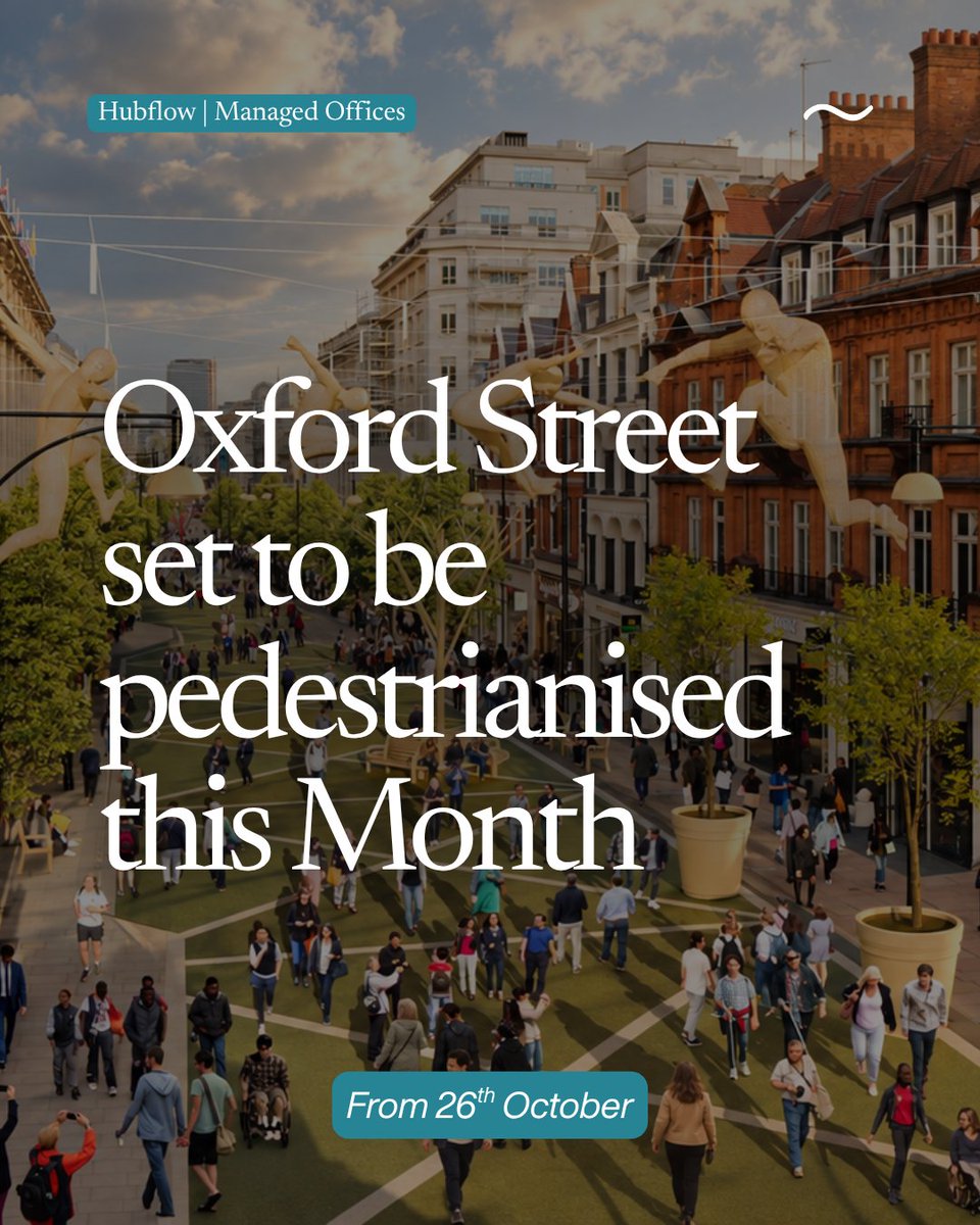 hubflowspace's tweet photo. From 26 October, the street outside 351 Oxford Street changes for good.

Almost a kilometre of Oxford Street, from Orchard Street to Great Portland Street, goes traffic-free. Our Atlantic House space sits right in the middle of it.

What that looks like on a workday:

→ A walking 1:1 with room to think out loud
→ Lunch outside, on London's most famous street
→ Clients who step out at Bond Street and stroll straight to the door

The buses and taxis step aside between Orchard Street and Great Portland Street.
Planters and seating move in.
Our Atlantic House space sits right in the middle of it.

Starting this month, Hubflow at 351 Oxford Street gets one of the best new front doors in the West End.

#Hubflow #OxfordStreet