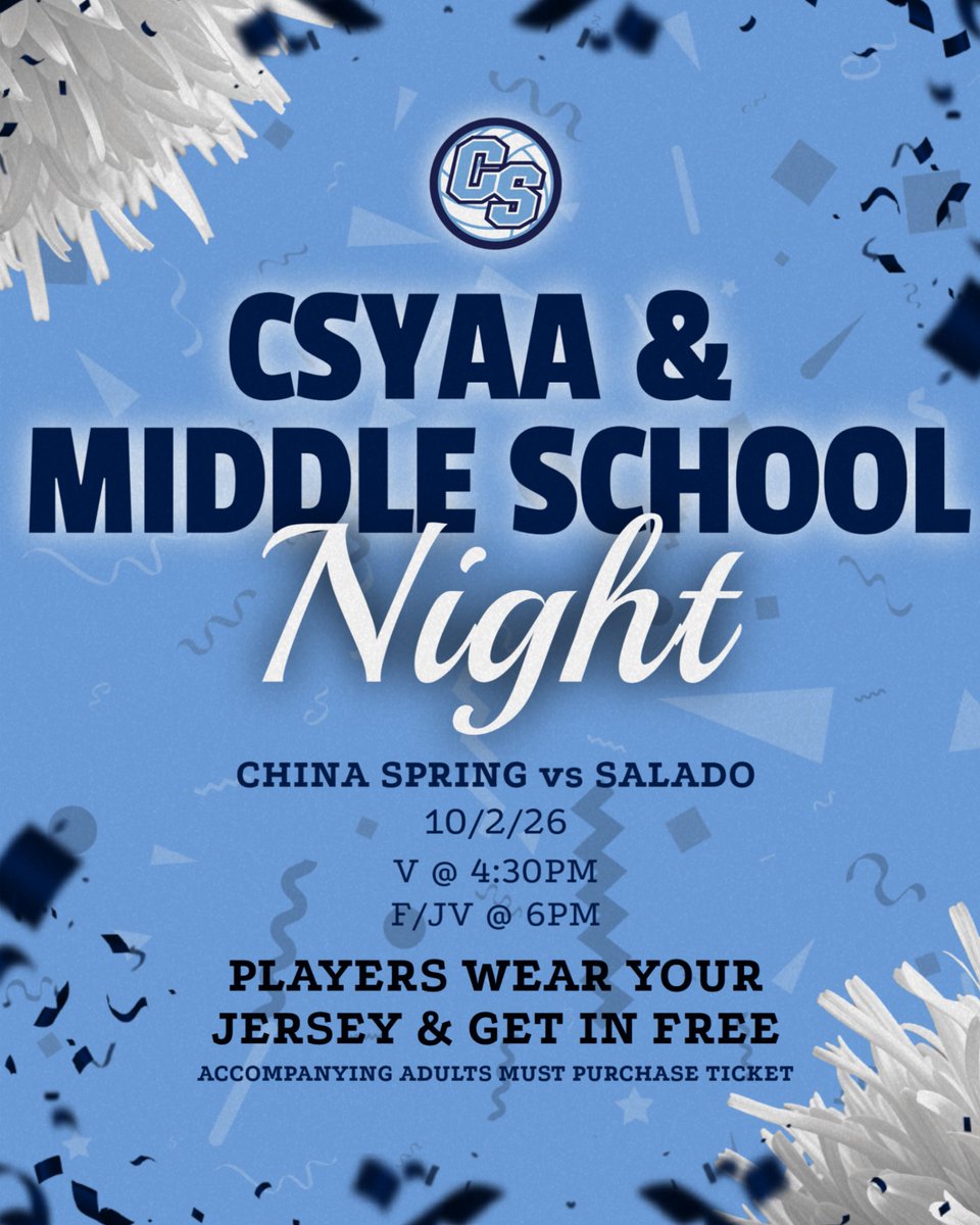 ChinaSpringVB's tweet photo. REMINDER: CSYAA &amp; Middle School Night is tomorrow night for our match against Salado. Varsity begins @ 4:30pm so be early and loud! We can't wait to see you! https://t.co/ygYevM2iey