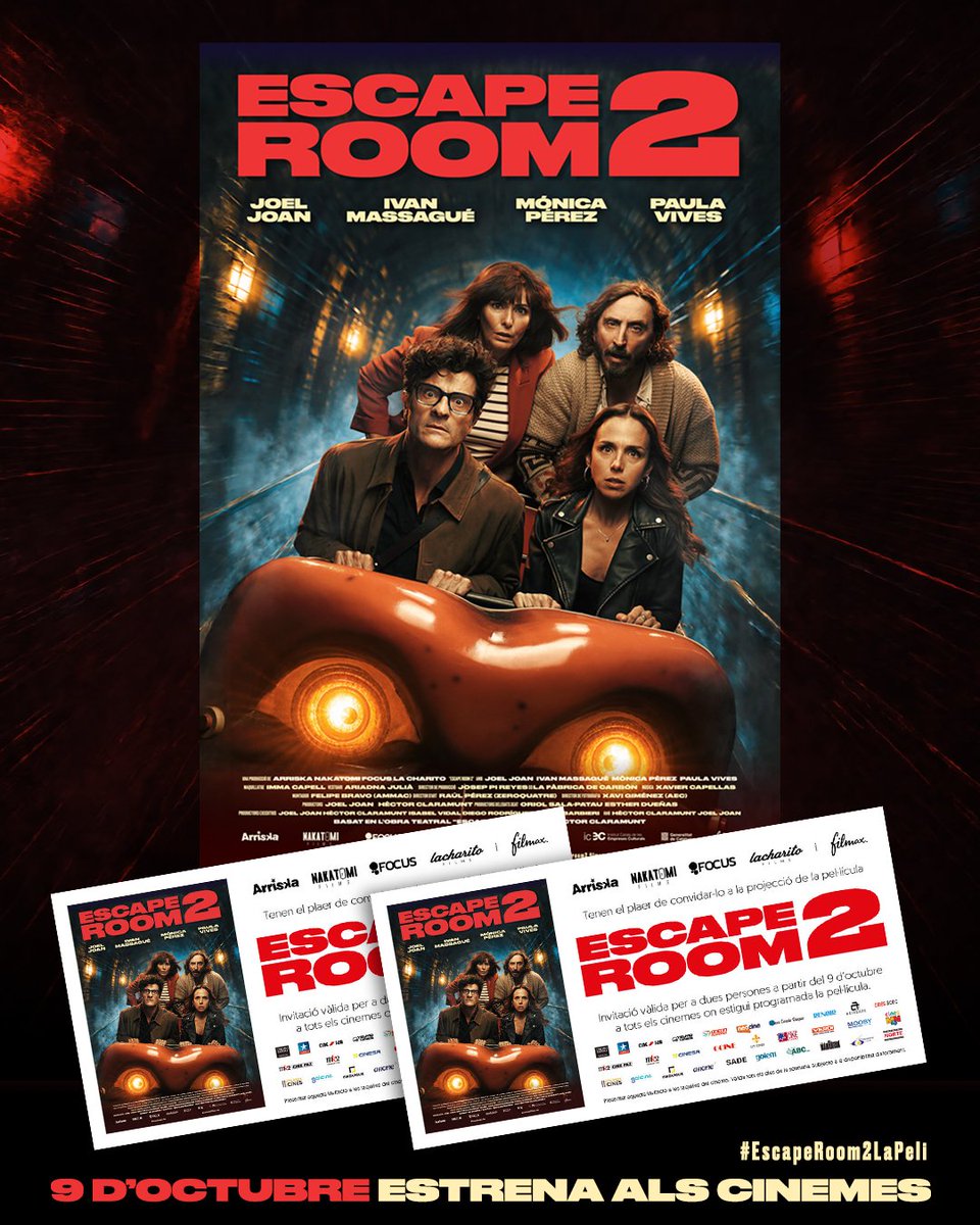 DoblatgeCatala's tweet photo. ATENCIÓ: Sortegem 3 entrades dobles d'#EscapeRoom2LaPeli. Per participar és molt senzill: fer RT a la publicació i seguir els perfils de @filmax a les xarxes socials. Teniu temps fins el 6 d'octubre. Bona sort! https://t.co/8D2zSc3VTK