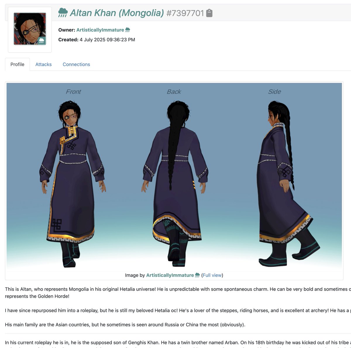 DailyMongoliaOC's tweet photo. Mongolian Original Character of The Day №20: Altan Khan (Mongolia) #7397701 by @StarEyedCrusadr 

Short Description (from Art Fight):
✦ The character represents Mongolia in (the artist's) Hetalia universe.
✦ He’s unpredictable with spontaneous charm, bold, and sometimes overconfident, but enjoys the quiet of the Steppes.

📌 Character’s Link: https://t.co/xVUzGu2A2Y

Reminder: Please read and follow the artist's permissions and guidelines on Art Fight before attacking the character for Art Fight 2027.