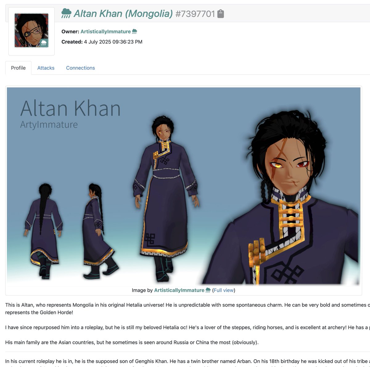 DailyMongoliaOC's tweet photo. Mongolian Original Character of The Day №20: Altan Khan (Mongolia) #7397701 by @StarEyedCrusadr 

Short Description (from Art Fight):
✦ The character represents Mongolia in (the artist's) Hetalia universe.
✦ He’s unpredictable with spontaneous charm, bold, and sometimes overconfident, but enjoys the quiet of the Steppes.

📌 Character’s Link: https://t.co/xVUzGu2A2Y

Reminder: Please read and follow the artist's permissions and guidelines on Art Fight before attacking the character for Art Fight 2027.