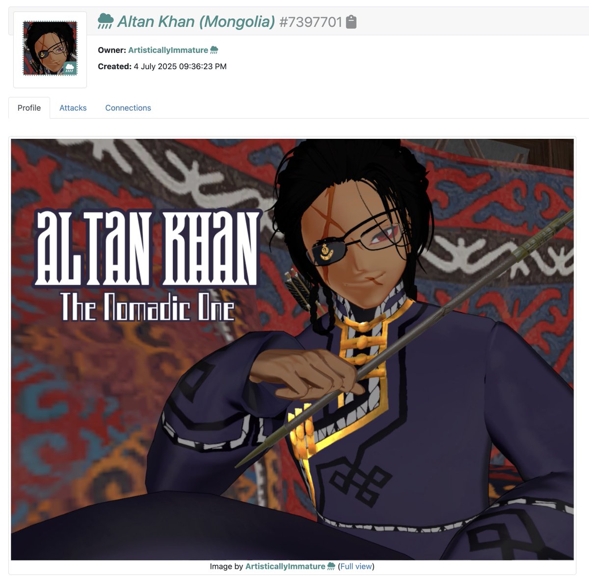 DailyMongoliaOC's tweet photo. Mongolian Original Character of The Day №20: Altan Khan (Mongolia) #7397701 by @StarEyedCrusadr 

Short Description (from Art Fight):
✦ The character represents Mongolia in (the artist's) Hetalia universe.
✦ He’s unpredictable with spontaneous charm, bold, and sometimes overconfident, but enjoys the quiet of the Steppes.

📌 Character’s Link: https://t.co/xVUzGu2A2Y

Reminder: Please read and follow the artist's permissions and guidelines on Art Fight before attacking the character for Art Fight 2027.