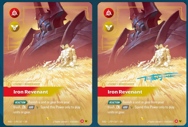RiftboundReport's tweet photo. Mordekaiser's Overnumber &amp; Signature Legend card has been revealed by @IGN! 🔥

It features the Iron Revenant and his human form, Sahn-Uzal.

#RBRadiance https://t.co/ussfgf0OCX