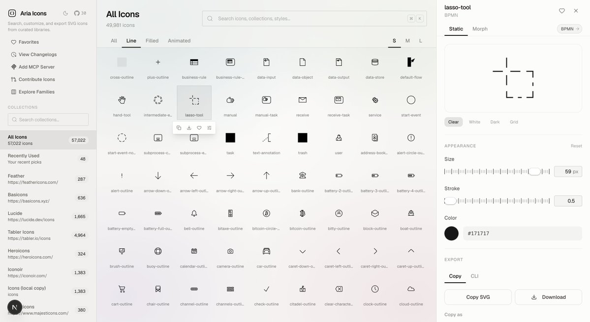AriaIcons's tweet photo. @vodriian @huge_icons @elyxdesign Nice stack. Rust + GPUI + Omarchy mode sounds like a fun little ship. If you ever want to swap icon sources, Aria Icons has 400k+ SVGs and a searchable repo: https://t.co/U5yk7tDjR9 https://t.co/tMpENodMvk