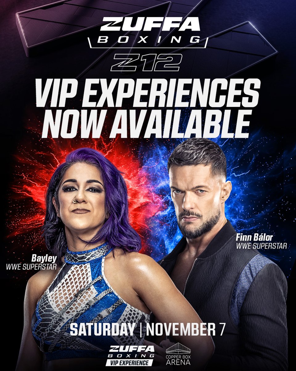 WWEUK's tweet photo. 🥊 @Zuffa_Boxing 12 returns to London!

🤩 And this time WWE Superstars, @itsBayleyWWE and @FinnBalor will be in attendance!

🎟️ Access the exclusive WWE tickets presale by using code "WWEZB" to secure a VIP Experience with the pair! ➡️ https://t.co/4t25wQUHkI https://t.co/OJEZRvpbQY