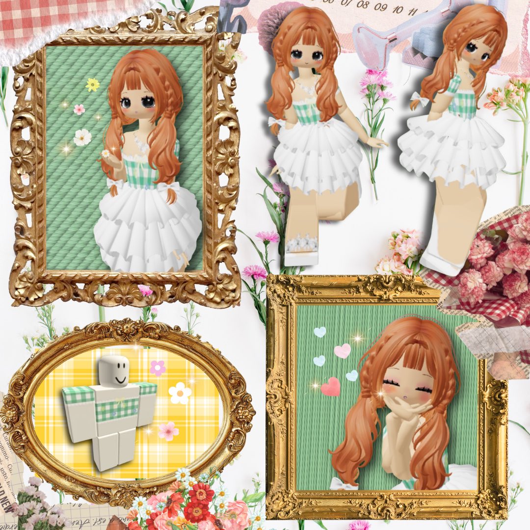 yuuu_783's tweet photo. Green gingham check top! 💚✨
Styled it with a frilly skirt for a cute retro-girly look!
I made the collage cute and vintage-inspired to match ♡🌷

やっと涼しくなってきたねー！！⸜(*ˊᗜˋ*)⸝

#RobloxArt #RobloxFashion #RobloxOutfit https://t.co/9RhrpmZJXo