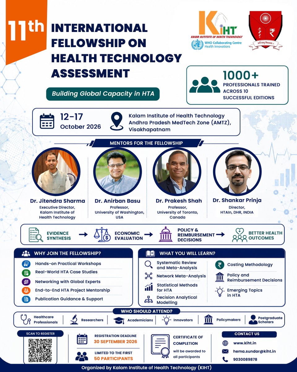 KIHTech's tweet photo. 🚨 2 Weeks to Go!

✨The 11th International Fellowship on Health Technology Assessment (HTA) begins 12–17 October 2026 at @KIHTech , a WHO Collaborating Centre, hosted at @AP_MedTechZone , Vizag.

📚 Hands-on workshops | Real-world cases | Expert mentorship | Publication guidance

✨Build evidence for better healthcare decisions.

#HTA #HealthTechnologyAssessment #KIHT #AMTZ #Visakhapatnam #HealthEconomics #EvidenceBasedHealthcare #CapacityBuilding