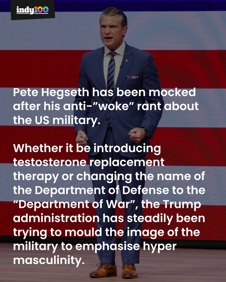 indy100's tweet photo. 'Unbearably corny' 😬

Pete Hegseth has been mocked after his anti-”woke” rant about the US military.

#PeteHegseth #DepartmentofDefense #DepartmentofWar #USMilitary

https://t.co/KjzfYksnpu https://t.co/pZVbgYyxxH