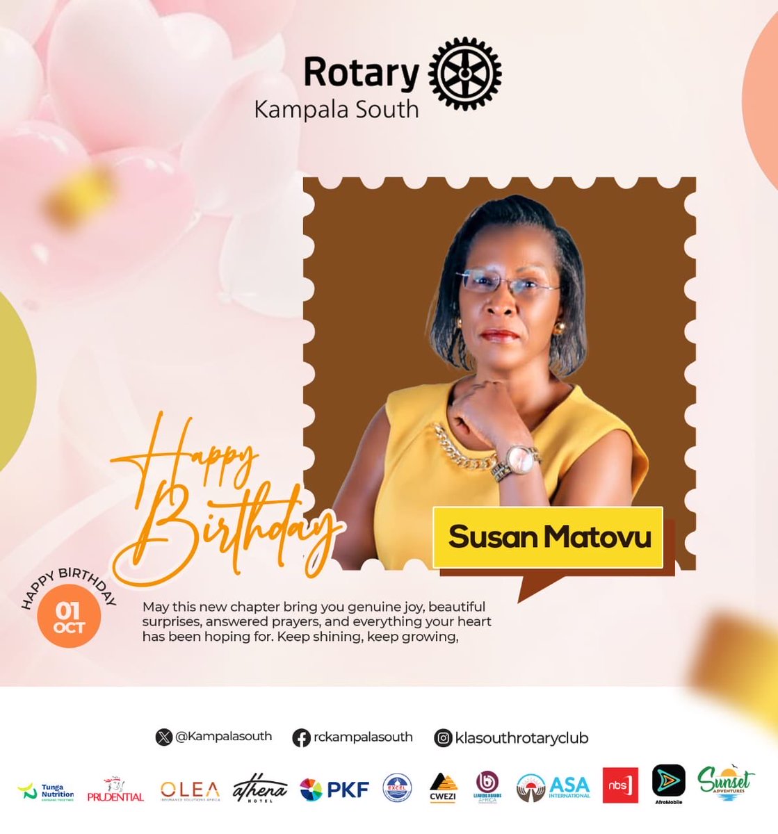 KampalaSouth's tweet photo. Today we celebrate this amazing soul and friend Rtn. Susan Matovu. 

Happiest Birthday to you. 🎊

🥂 To a new year of good memories https://t.co/babocEXNX4