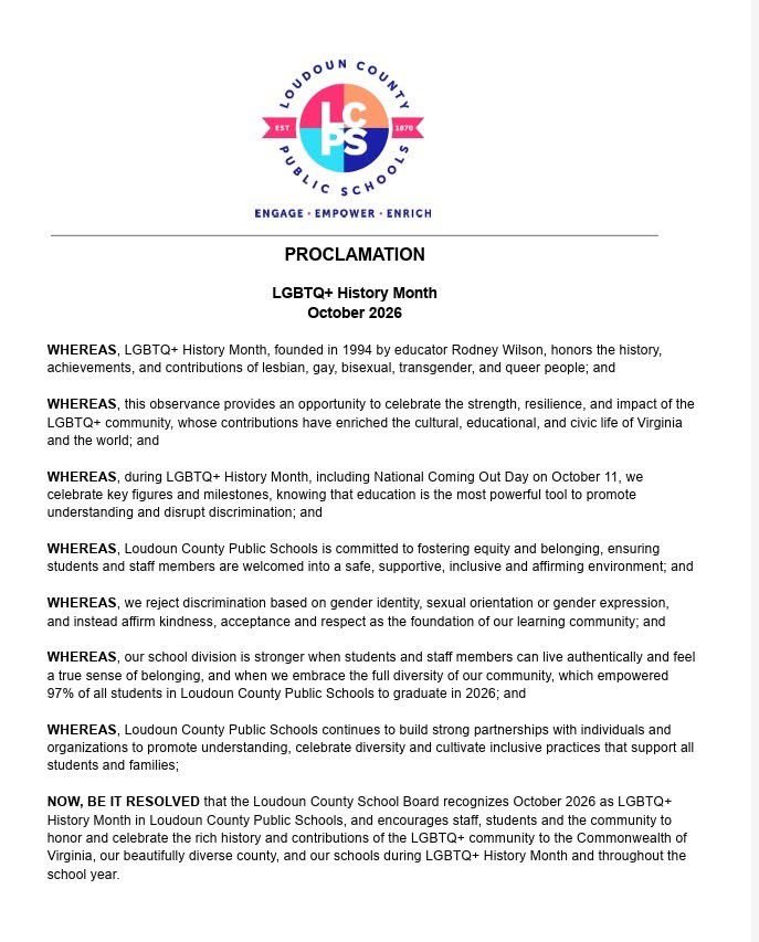 clareanneath's tweet photo. Loudoun County Public Schools just declared October “LGBTQ+ History Month” and told staff and students to celebrate radical gender ideology.

Thousands of Loudoun families reject that ideology and their beliefs are not bigotry, they are grounded in biology, faith, and common sense.

A public school district has no business endorsing contested gender claims as official policy. 

Teach reading, math, and real history. 

Leave the rest to parents.