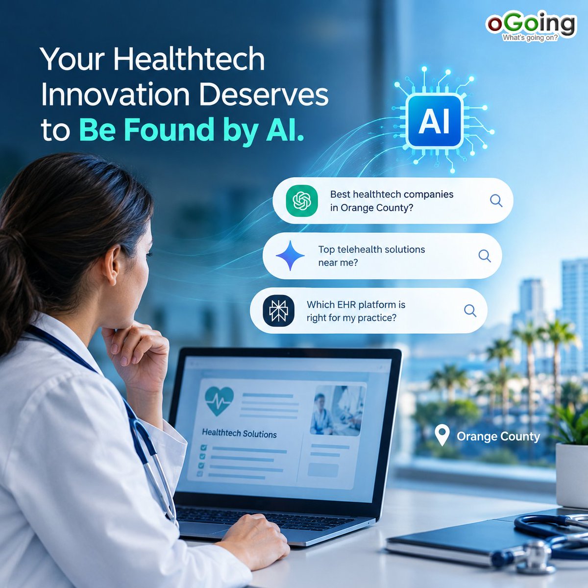 oGoing's tweet photo. Your Healthtech Product Can Be Great. But Can AI Find It?

Healthtech buyers are doing more research through ChatGPT, Gemini, and Perplexity before deciding which platform, technology, or vendor to explore.

For an Orange County healthtech company, that means being clearly understood by AI matters. Whether you offer telehealth, EHR and interoperability solutions, medical devices, remote patient monitoring, or other healthtech services, AI needs enough reliable information to understand what you actually do—and why buyers should consider you.

If AI can't connect the dots between your expertise, services, compliance information, and clinical evidence, your company may simply be left out of the conversation.

See how AI sees your Orange County healthtech business and identify the gaps affecting your visibility:

👉 https://t.co/Tg69A5aOgW

#Healthtech #Medtech #HealthTechCompany #OrangeCountyBusiness #AIVisibility #AISEO #AEO #DigitalHealth #Telehealth #BusinessGrowth