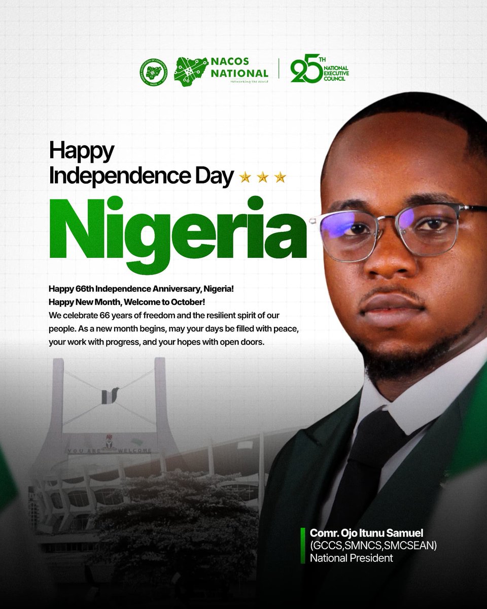 nacosnational's tweet photo. 🇳🇬💚 WELCOME TO OCTOBER!

A new month. New opportunities to learn, build, connect &amp; grow.

To every NACOSITE: keep learning. Keep building. Keep showing up.  🚀

Here’s to a productive October!

One NACOS. One 9JA. 🇳🇬💚

#NACOS 
#NACOSITES
 #HappyNewMonth 
#October https://t.co/a1ga9v8ovi