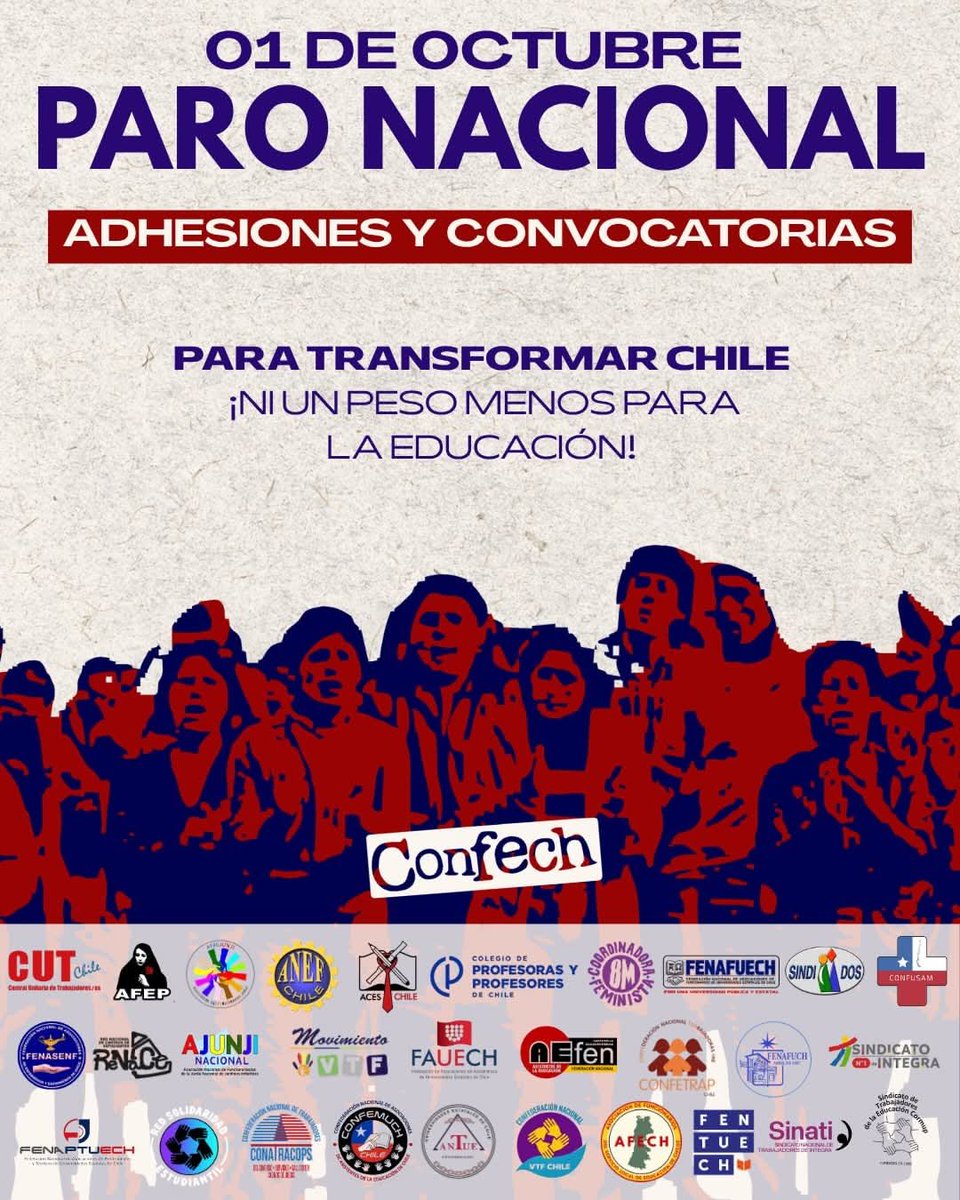 feusach's tweet photo. Convocatorias y adhesiones al gran paro nacional de este 01 de Octubre. Nos vemos en las calles de todo el país.

Para transformar Chile ¡Ni un peso menos para educación!

#Confech #Chile #ParoNacional https://t.co/BPhQMbIaVz