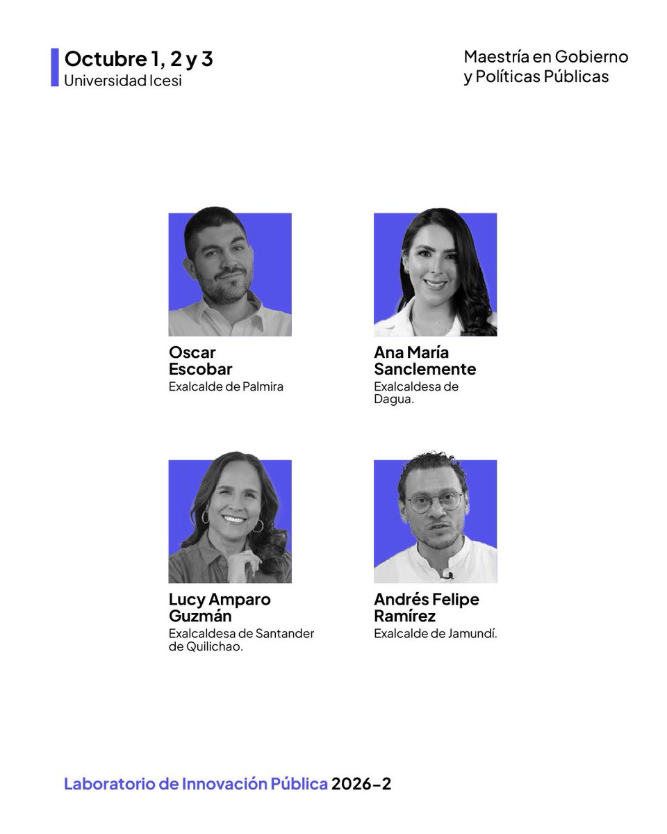 pablo_policy's tweet photo. ¿Qué capacidades necesitan nuestros gobiernos locales para innovar y responder mejor a los desafíos de sus territorios?

Este 1, 2 y 3 de octubre tenemos nuestro Laboratorio de Innovación Pública de la Maestría en Gobierno y Políticas Públicas de @icesi .

Hablaremos, aprenderemos y trabajaremos sobre:

🏛️ Gobierno local
🗺️ Descentralización y autonomía regional
💡 Innovación pública
🤖 Inteligencia artificial y gestión pública
🌎 Gestión del riesgo y seguridad
🎙️ Liderazgo desde los municipios
🤝 Colaboración e incidencia en políticas públicas

Nos acompañarán Juan Fernando Cristo @CristoBustos, Darío Indalecio Restrepo, Viviana Barberena @VivianaBarbere, Vanessa Suelt @Vanesuelt, Andrés Santamaría @AnSANTAMARIA, Everardo Murillo, Jairo García @JGarciaG1, @SoyOscarEscobar, @juanenlaciudad, exalcaldes, profesores y expertos de distintas organizaciones y universidades.

Esta edición será además un homenaje a Francisco Piedrahita Plata y a su interés por la descentralización, la autonomía regional y el desarrollo de los territorios.

📅 1, 2 y 3 de octubre
📍 Universidad Icesi, Cali