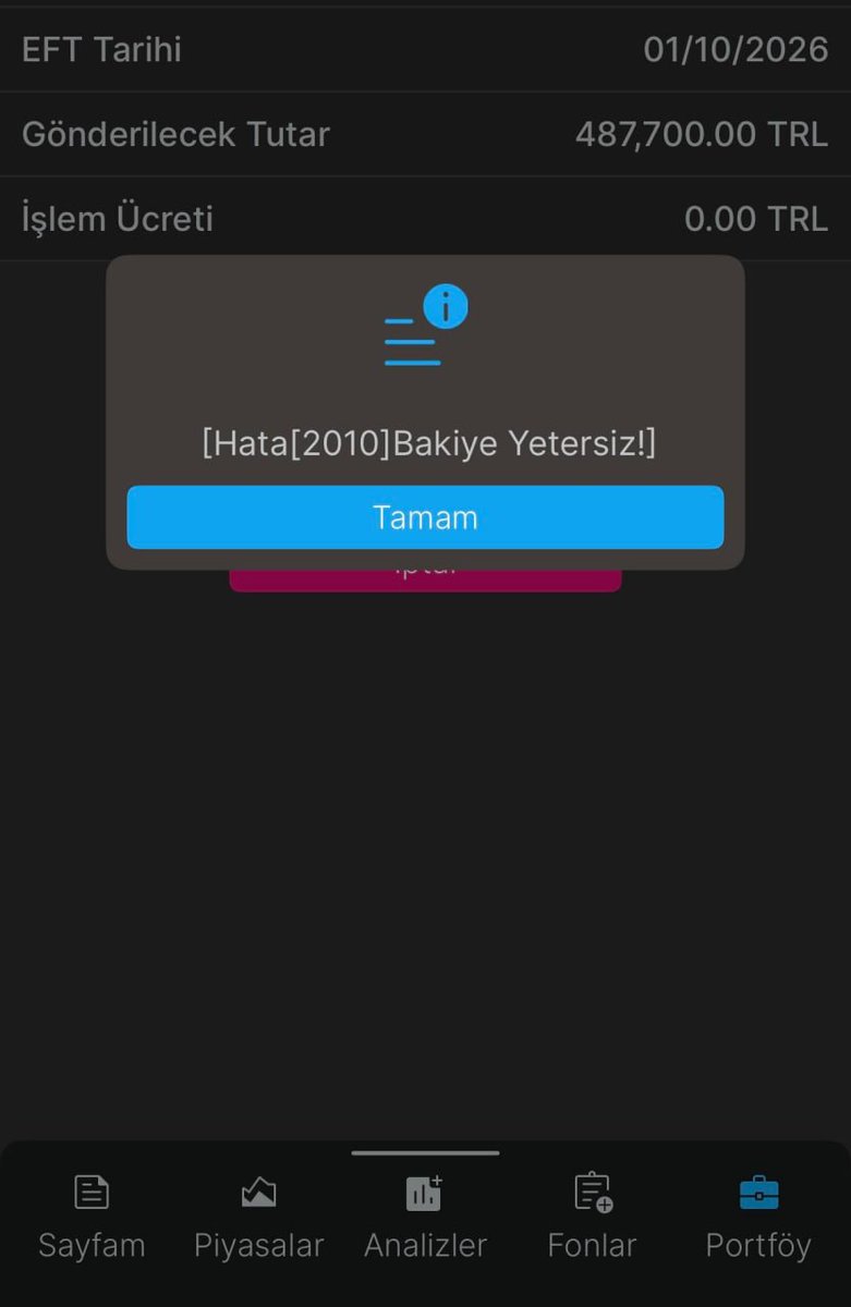 fonunmagdurlari's tweet photo. 🚨#TMV AYNI SORUN, BİR BAŞKA MAĞDUR: HESAPTA 487.000 TL NAKİT VAR, EFT YAPINCA "BAKİYE YETERSİZ" HATASI VERİYOR!

Aşağıdaki iki ekran görüntüsüne dikkatle bakın! Tasfiyede dahi olmayan TMV fonu yatırımcılarının parası Tera Yatırım sisteminde rehin tutuluyor: 👇

📌 SOMUT KANITI:
• 1. Görsel: Cari Bakiye, T1 ve T2 bakiyeleri 487.702 TL NAKİT görünüyor (Yani valör süresi dolmuş, para hesaba oturmuş).
• 2. Görsel: Yatırımcı bu parayı kendi bankasına EFT yapmak istediğinde sistem "[Hata 2010: Bakiye Yetersiz!]" diyerek işlemi reddediyor!

📌 BÜYÜK ÇELİŞKİ VE HUKUKSUZLUK:
1️⃣ TMV fonu SPK'nın açıkladığı tasfiye listesinde YOKTUR!
2️⃣ Fon satışı yapılmış, takas süresi bitmiş ve para nakde dönmüştür. Ortada artık bir fon riski değil, MÜŞTERİNİN RESMİ NAKİT PARASI vardır!
3️⃣ 6362 sayılı Kanun m. 46 uyarınca aracı kurumlar müşterinin serbest nakdini bloke edemez.

⚖️ SPK VE TMSF'YE ÇAĞRIMIZDIR:
Yönetimi devralınan Tera Yatırım'daki bu yapay "Hata 2010" ve gayriresmi blokajlar derhal kaldırılmalı; satışı bitmiş TMV paraları hak sahiplerinin banka hesaplarına serbest bırakılmalıdır!

Sizde de benzer EFT/Bakiye hatası var mı? Ekran görüntülerinizi ekleyin, sesimizi büyütelim! 👇

@spkgovtr @_cevdetyilmaz @HMBakanligi #1MilyonÇözümDeğil #AnaParamızıGeriVerin #HalkınSesiAnaPara #FonMağdurları #TMV