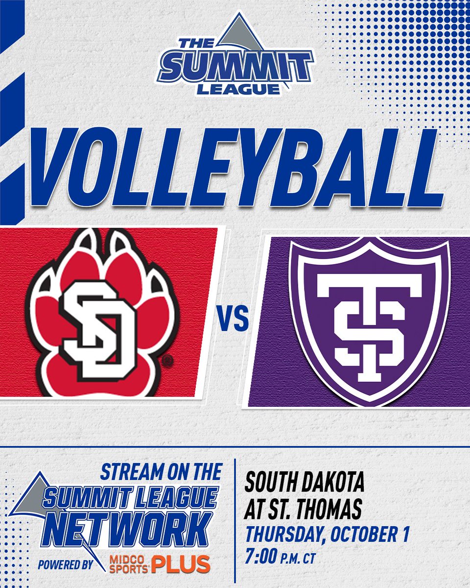 TheSummitLeague's tweet photo. 𝐊𝐄𝐘 𝐌𝐀𝐓𝐂𝐇𝐔𝐏 ✨

@SDCoyotesVB at @Tommievball
🏟 » Schoenecker Arena (St. Paul, Minn.)
⏰ » 7 p.m. CT
📺 » SLN (@MidcoSports)
Subscribe » https://t.co/dcNYxssatM

#ReachTheSummit x #SummitVB https://t.co/CLZJixrPWx