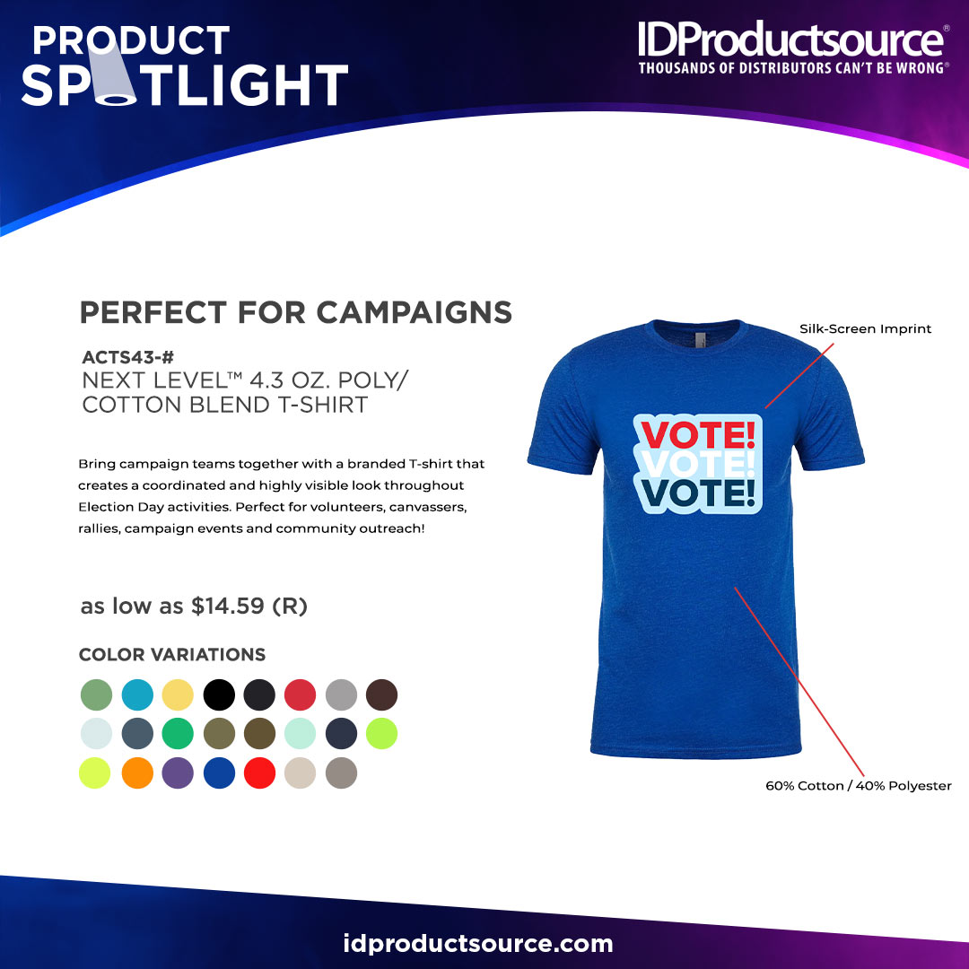 IDProductsource's tweet photo. Bring your Election Day team together with branded T-shirts designed for volunteers, canvassers, rallies, community outreach and campaign events 🗳️ 

#Thousandsofdistributorscantbewrong #promos #promo #idproductsource #promotionalproducts https://t.co/p7qzk8oS70