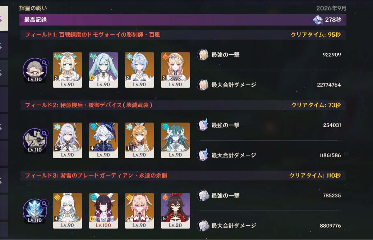ExiT0315's tweet photo. 今期の幽境アルティメット。
無凸・2凸ヴェスナとかヴォジャ凍結とかLV20アンバーで遊んでみる。
＃原神 https://t.co/w2YhPOEK4i