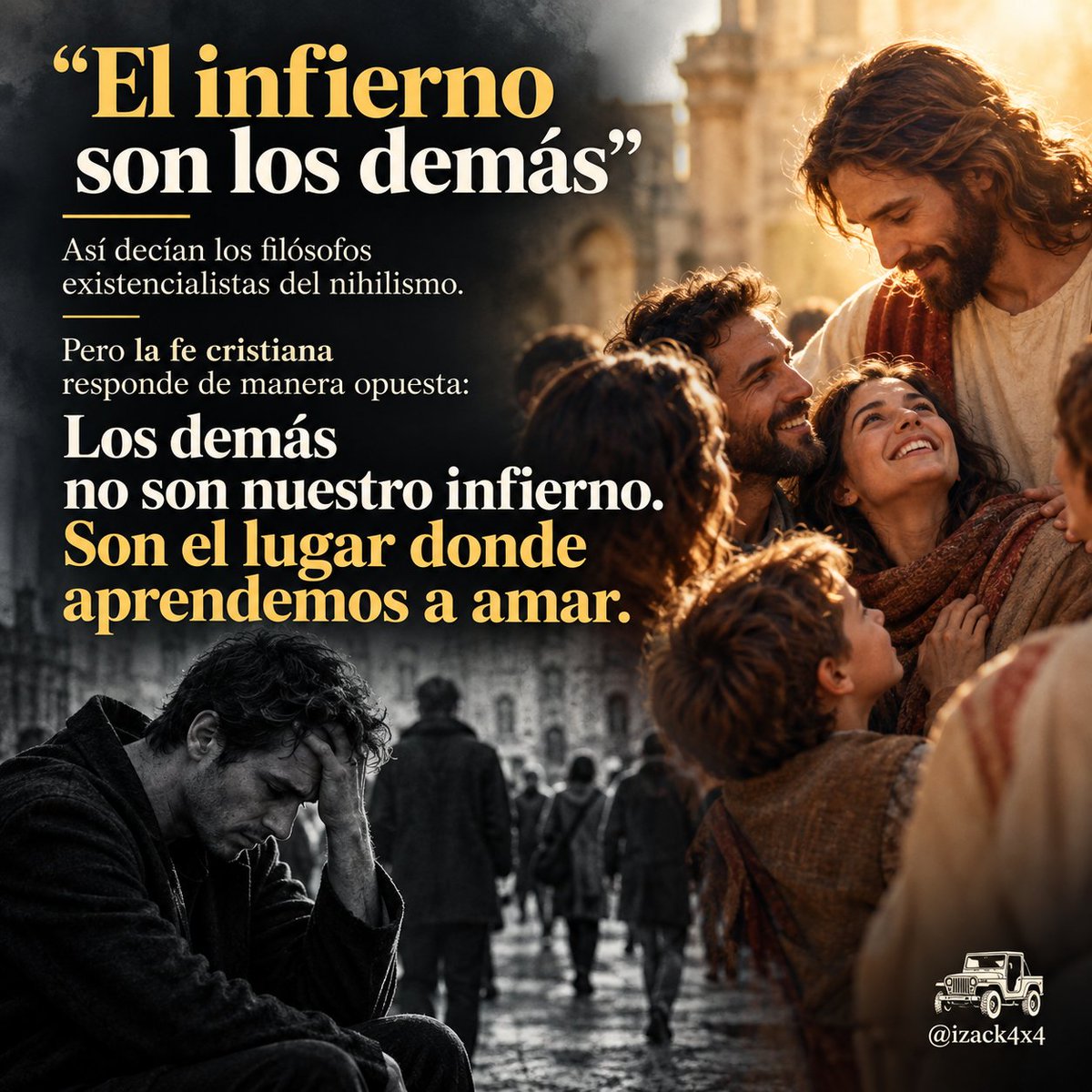 Izack4X4's tweet photo. 1/4 — «El infierno son los demás»?

Sartre y el existencialismo nihilista expresaron una intuición radical: el otro puede convertirse en un infierno.

Pero la fe cristiana responde de manera opuesta:

Los demás no son nuestro infierno. Son el lugar donde aprendemos a amar.

Sin el otro, el amor no puede existir.