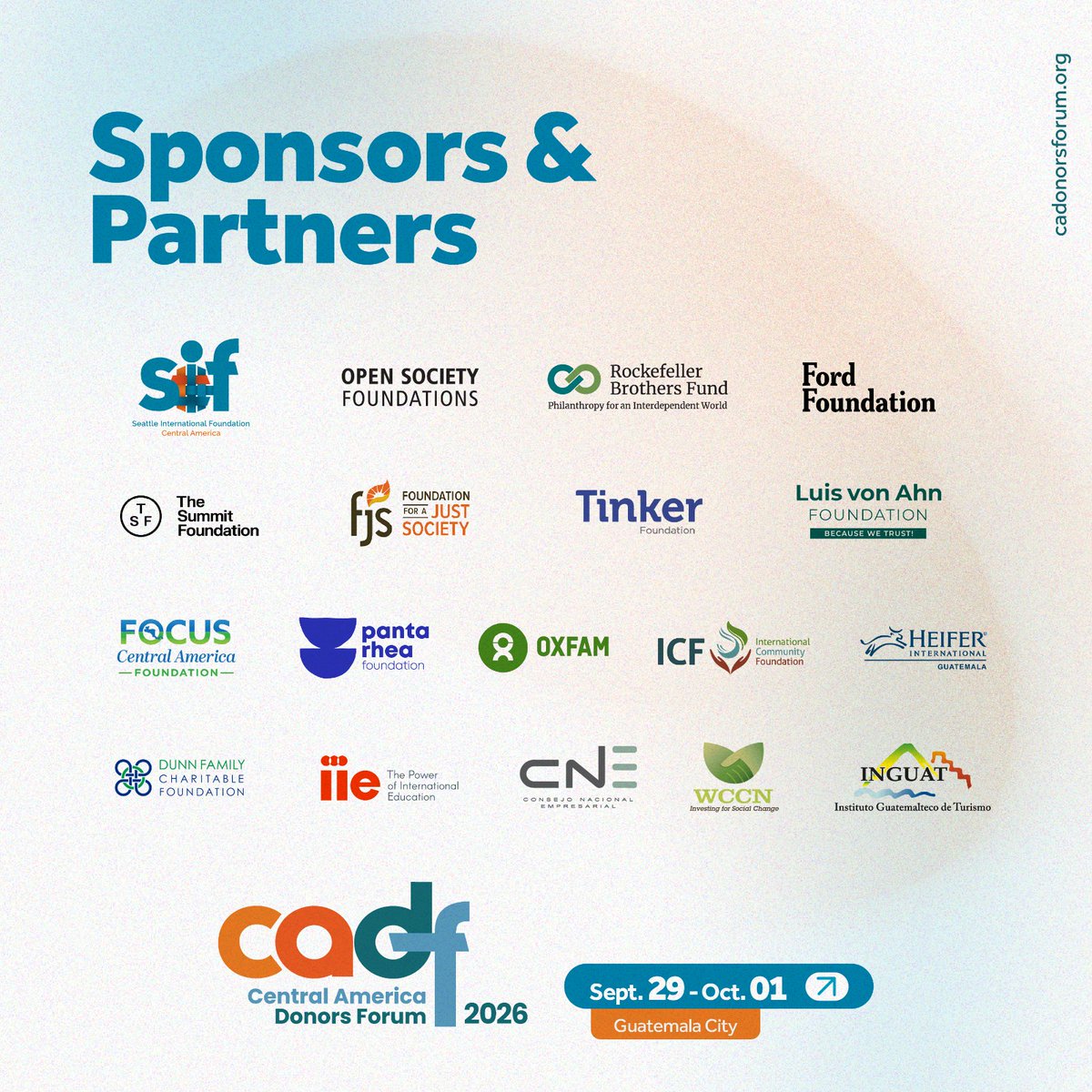 SeaIF's tweet photo. Each year, the Central American Donors Forum (CADF) brings together hundreds of leaders from civil society, philanthropy, international cooperation, the private sector, and government to discuss key issues affecting the region, build partnerships, and foster cross-sector collaboration.
This unique space in Central America is made possible by the support of sponsors and partners who work in the region and believe in its future. Thank you for making CADF possible!
https://t.co/mR4PMy4Oky

Cada año, el Foro Centroamericano de Donantes (CADF) reúne a cientos de líderes de sociedad civil, filantropía, cooperación internacional, sector privado y gobiernos para conversar sobre la región, generar alianzas y promover la colaboración intersectorial. 
Este espacio único en Centroamérica es posible por el apoyo de patrocinadores y aliados que trabajan y confían en Centroamérica. ¡Muchas gracias!
https://t.co/36t2MnE4R2

@OpenSociety, @RockBrosFund, @TinkerFdn, @LvA_Foundation, @focuscentro, @Oxfam_CA, @ICFDN, @Heifer, @IIE_LATAM, @_CNEgt, @WCCN_tweets, @InguatPrensa