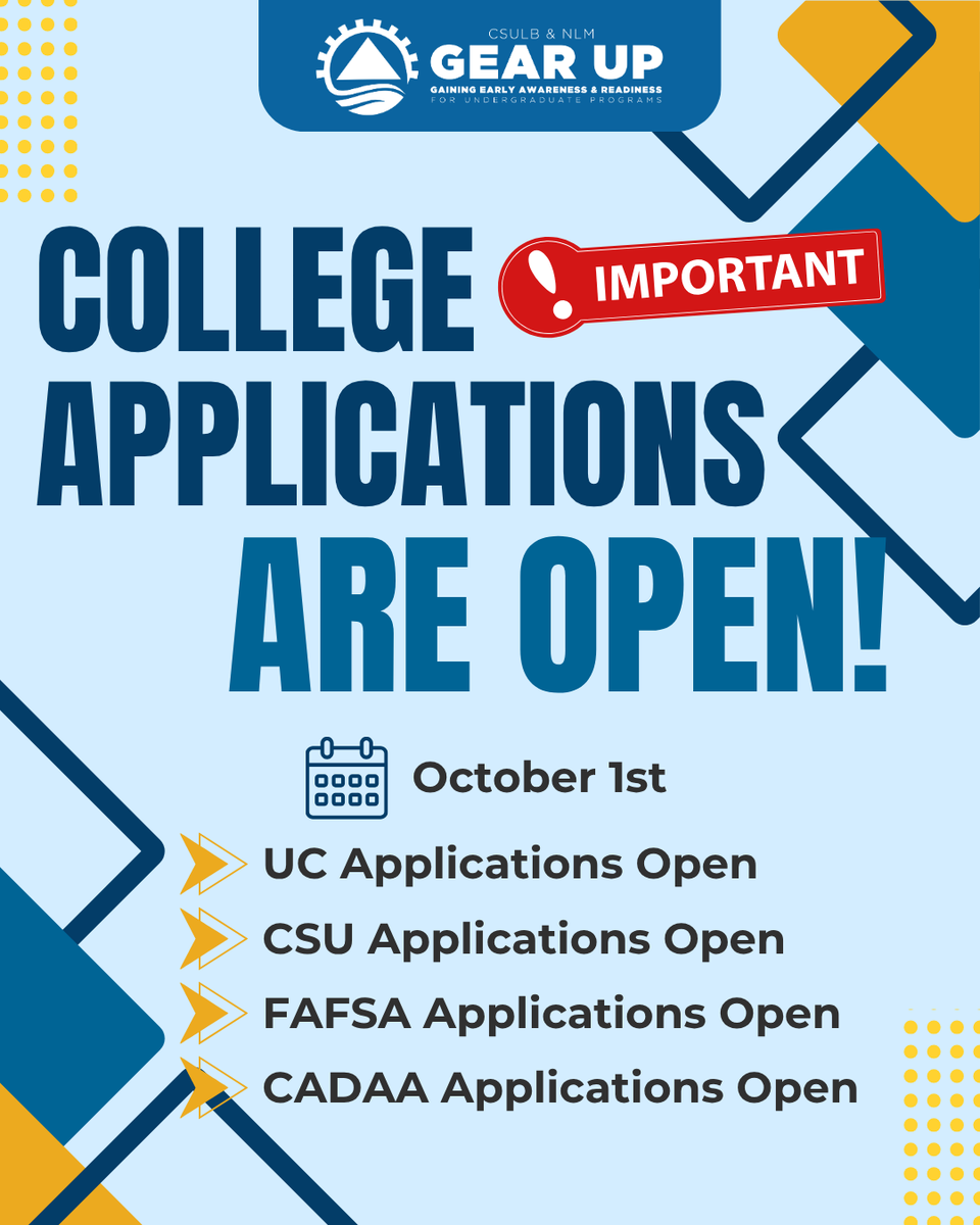 gearuplb's tweet photo. 🎓 Seniors, it’s college application season! Get ready to tackle your UC, CSU, FAFSA, and CADAA applications. 📝 GEAR UP is here to answer questions and support you every step of the way. You’ve got this! https://t.co/62NgYAvCPg
