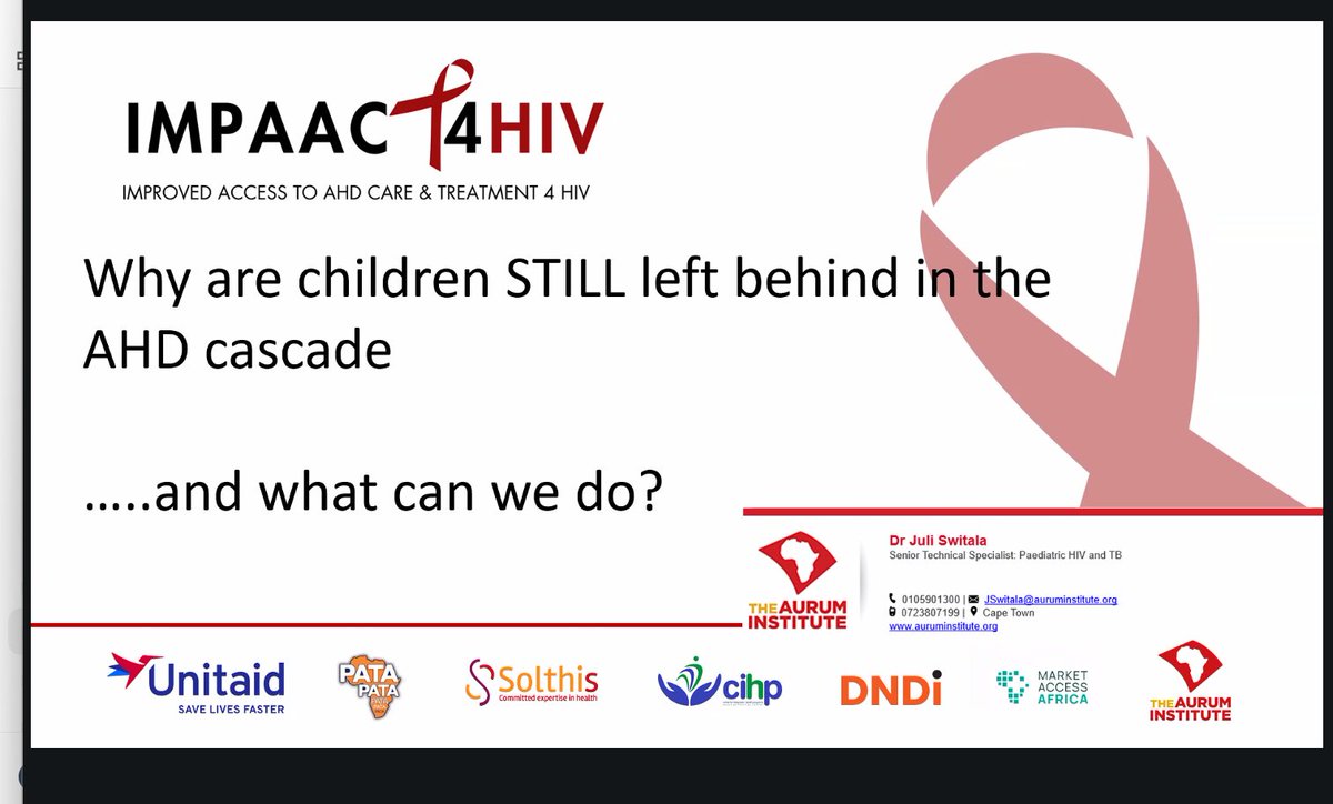 teampata's tweet photo. Dr Juli Switala speaks to the ideal Advanced HIV Disease (AHD) cascade and what it means for children living with HIV from screening and diagnosis to treatment, optimizing ART, linkage and retention in care.

#IMPAACT4HIV #AdvancedHIVDisease #AHD #PaediatricHIV #TeamPATA https://t.co/XKV2YIn4Zo