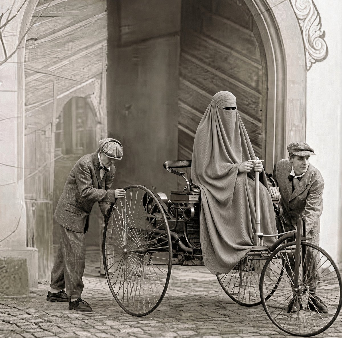 ChrisAnnBaer's tweet photo. Geschichte 🤓
1886: Der türkische Gastarbeiter Çarşamba Beniz
meldet das erste Automobil mit Verbrennungsmotor zum Patent an. 
Seine Ehefrau Büşra fuhr im August 1888 heimlich auf dem weiterentwickelten Modell Nummer 3 die erste Fernfahrt der Welt von Mannheim nach Pforzheim. https://t.co/MIApGFYcq1