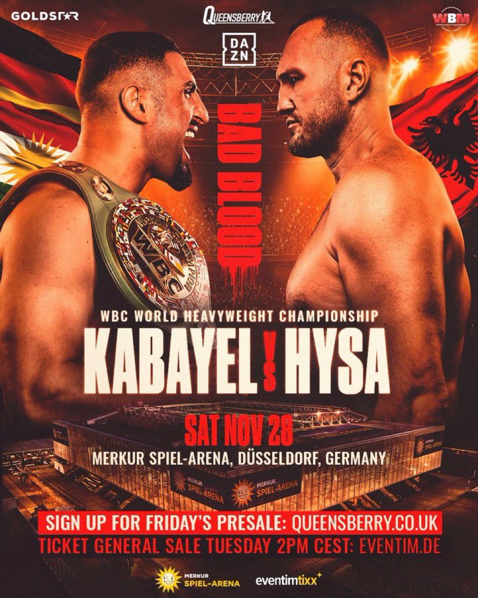 OnTheRecordBox's tweet photo. ‼️KABAYEL-HYSA ANNOUNCED
👑WBC Heavyweight World Title
🗓️November 28th
📍Merkur Spiel-Arena Düsseldorf Germany 🇩🇪 https://t.co/QUShczAp9q