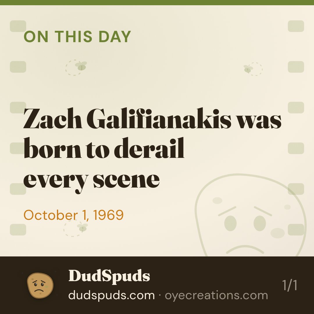 dudspudbud's tweet photo. Zach Galifianakis turned 55 today. The Hangover gave us a masterclass in controlled chaos. Few comedians can make bewilderment look that effortless.

#thursdayinfilm #filmtwitter #movies #moviefacts #cinema https://t.co/Dvl8L3moXU