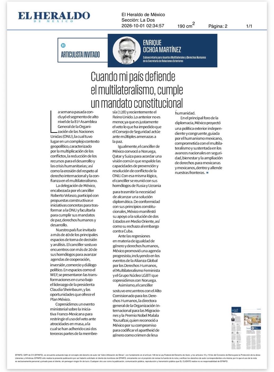 feller_jennifer's tweet photo. El canciller @r_velascoa llevó a la ONU 🇺🇳 una agenda con prioridades claras: paz y seguridad, desarrollo y derechos humanos.

Lean al subsecretario @OCHOA_MX_UN sobre los resultados de la participación de 🇲🇽 en la Semana de Alto Nivel de la 81 Asamblea General de Naciones Unidas👇🏼🙌🏼
