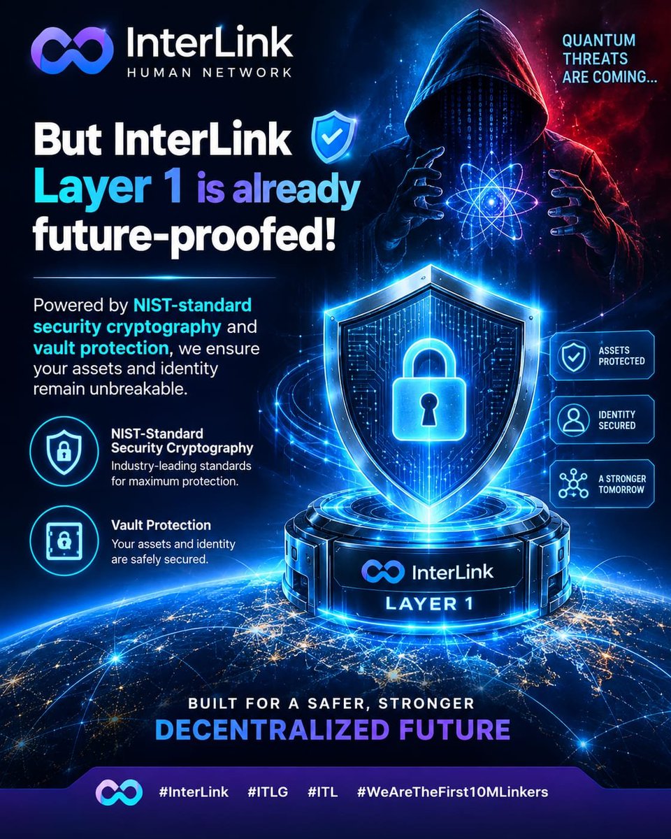 Umakaithi's tweet photo. Quantum threats are coming, but InterLink Layer 1 is already future-proofed! 🛡️⚡
​Powered by NIST-standard security cryptography and vault protection, we ensure your assets and identity remain unbreakable.
​#InterLink #ITLG #ITL #WeAreTheFirst10MLinkers https://t.co/BSmGAFVQdP