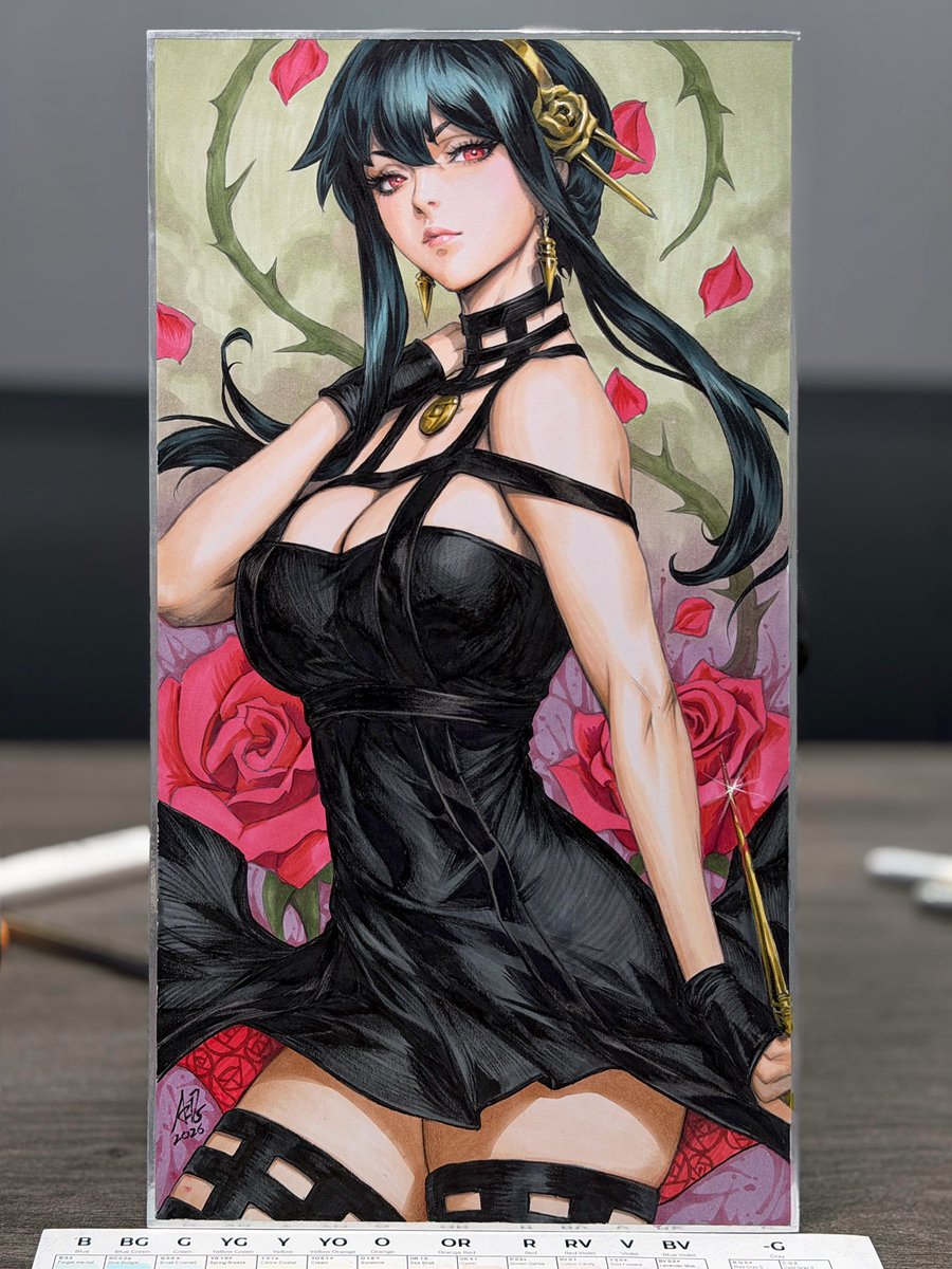 Artgerm's tweet photo. Arttrober 2026 Waifu Edition is here! First one out of the gate is none other than the deadly mother Yor Forger! Remember to hashtag #arttrober2026 so that I can discover your art. Let’s have a month of art fun together! #spyxfamily #yorforger

Done with OLO Markers on my custom Shikishi board.