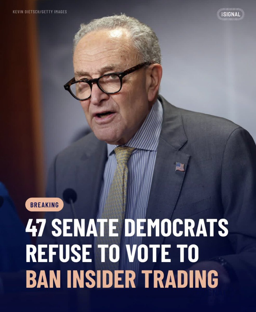 MichelleMaxwell's tweet photo. Anyone Surprised?

🚨A bill to stop insider trading failed 53 to 47 to advance in the Senate on Wednesday, with all Democrats voting against it and all Republicans voting for it.

The act, sponsored by Rep. Bryan Steil, R-Wis., would prohibit members of Congress and their spouses and dependent children from purchasing stocks. The measure would also require public notice before these individuals could sell stocks.

https://t.co/TjaoryPoi2
